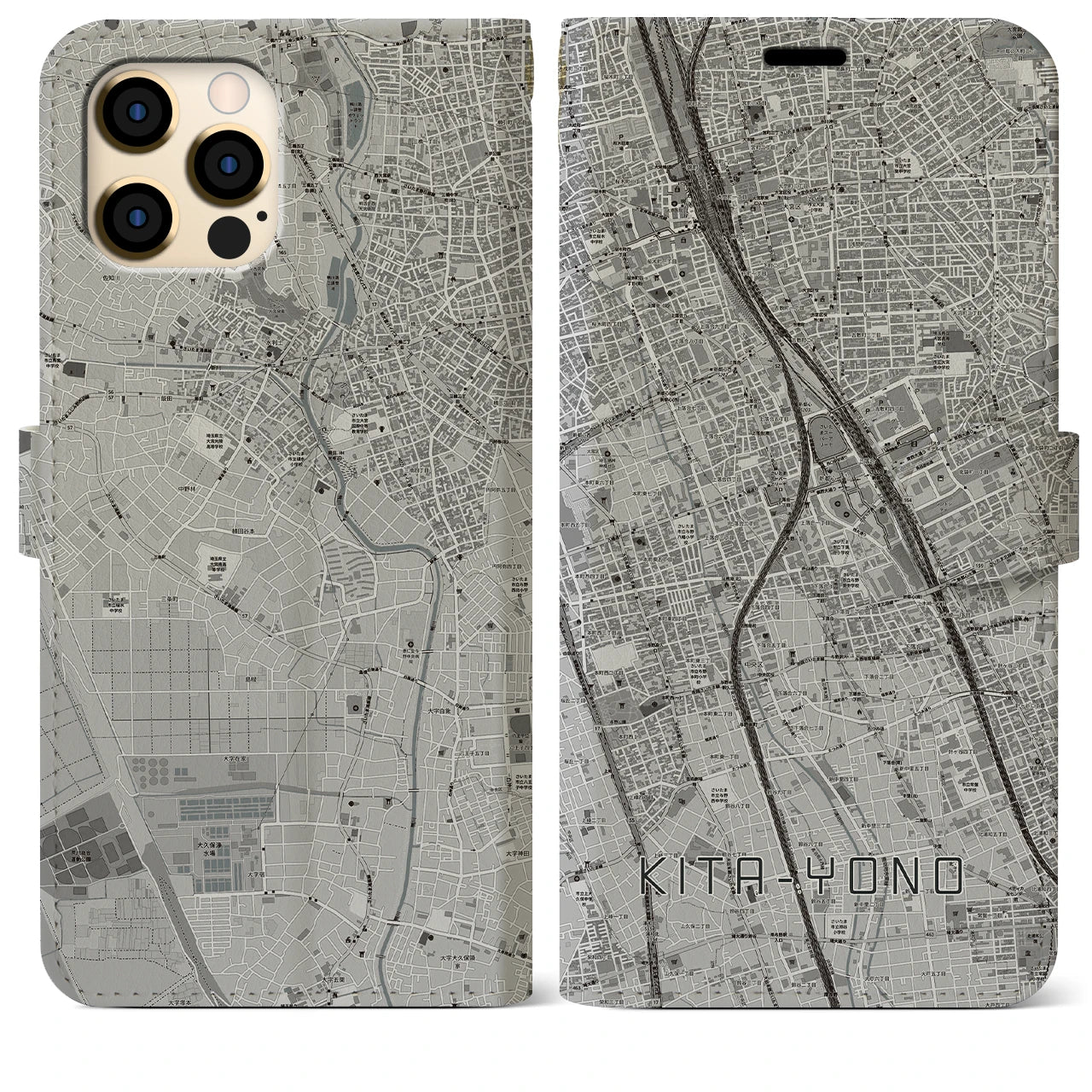 【北与野(埼玉県)】地図柄iPhoneケース(手帳タイプ)モノトーン・iPhone 12 Pro Max 用