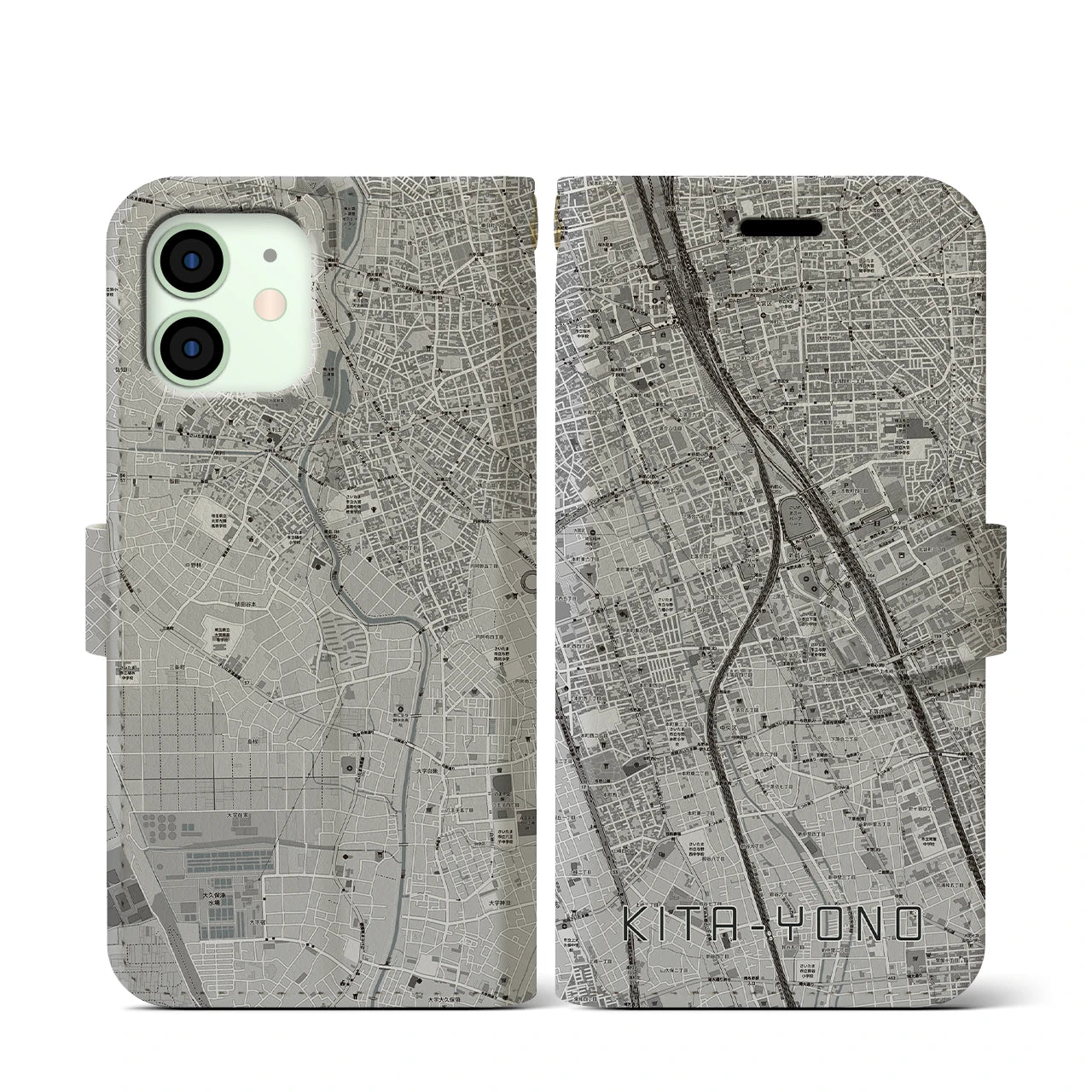 【北与野(埼玉県)】地図柄iPhoneケース(手帳タイプ)モノトーン・iPhone 12 mini 用