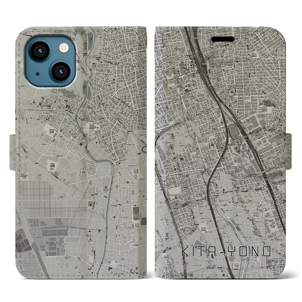 【北与野(埼玉県)】地図柄iPhoneケース(手帳タイプ)モノトーン・iPhone 13 用