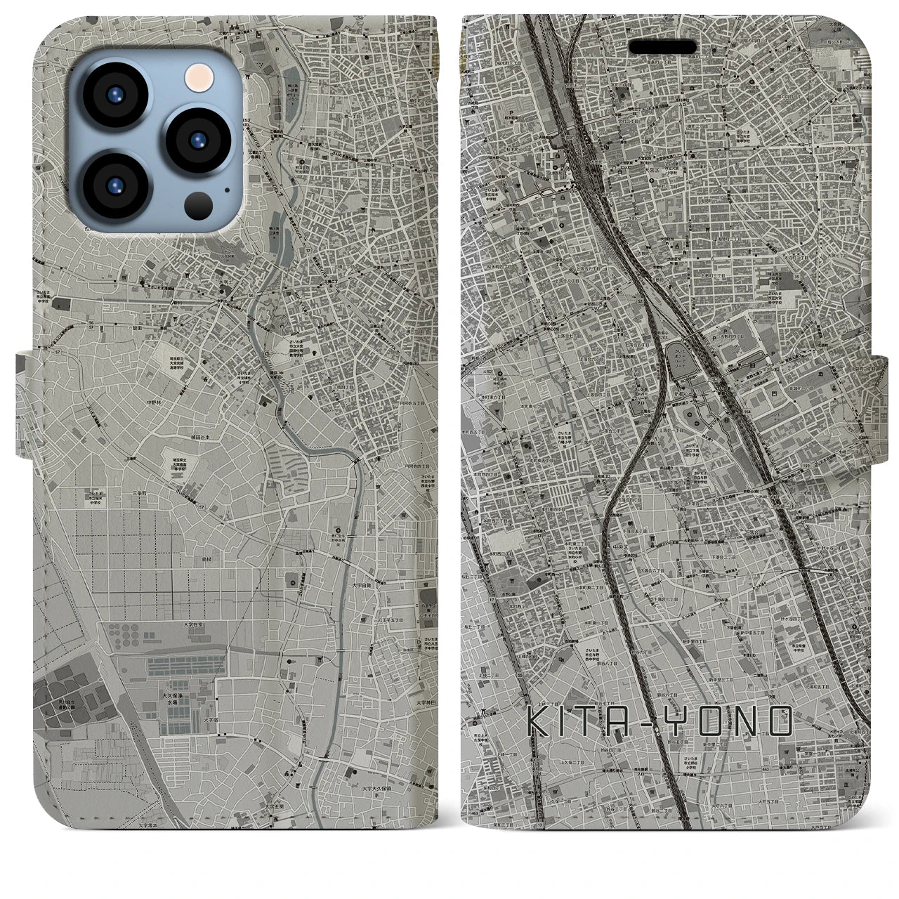 【北与野(埼玉県)】地図柄iPhoneケース(手帳タイプ)モノトーン・iPhone 13 Pro Max 用