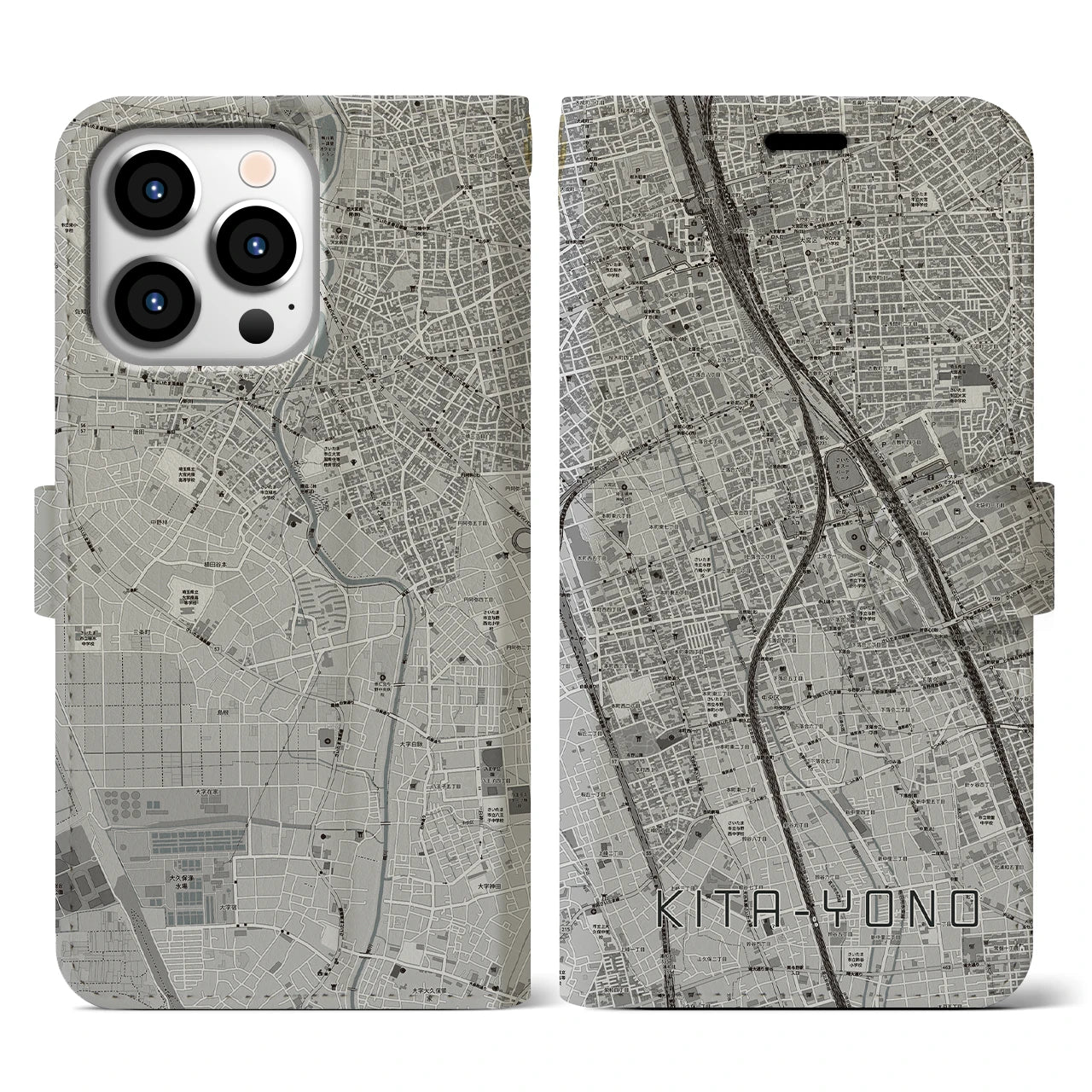 【北与野(埼玉県)】地図柄iPhoneケース(手帳タイプ)モノトーン・iPhone 13 Pro 用