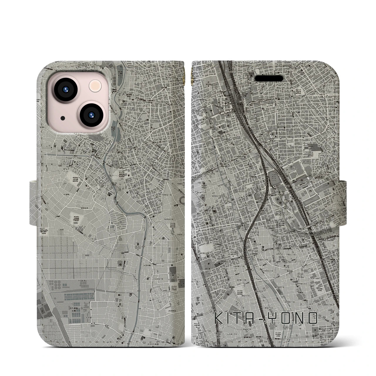 【北与野(埼玉県)】地図柄iPhoneケース(手帳タイプ)モノトーン・iPhone 13 mini 用