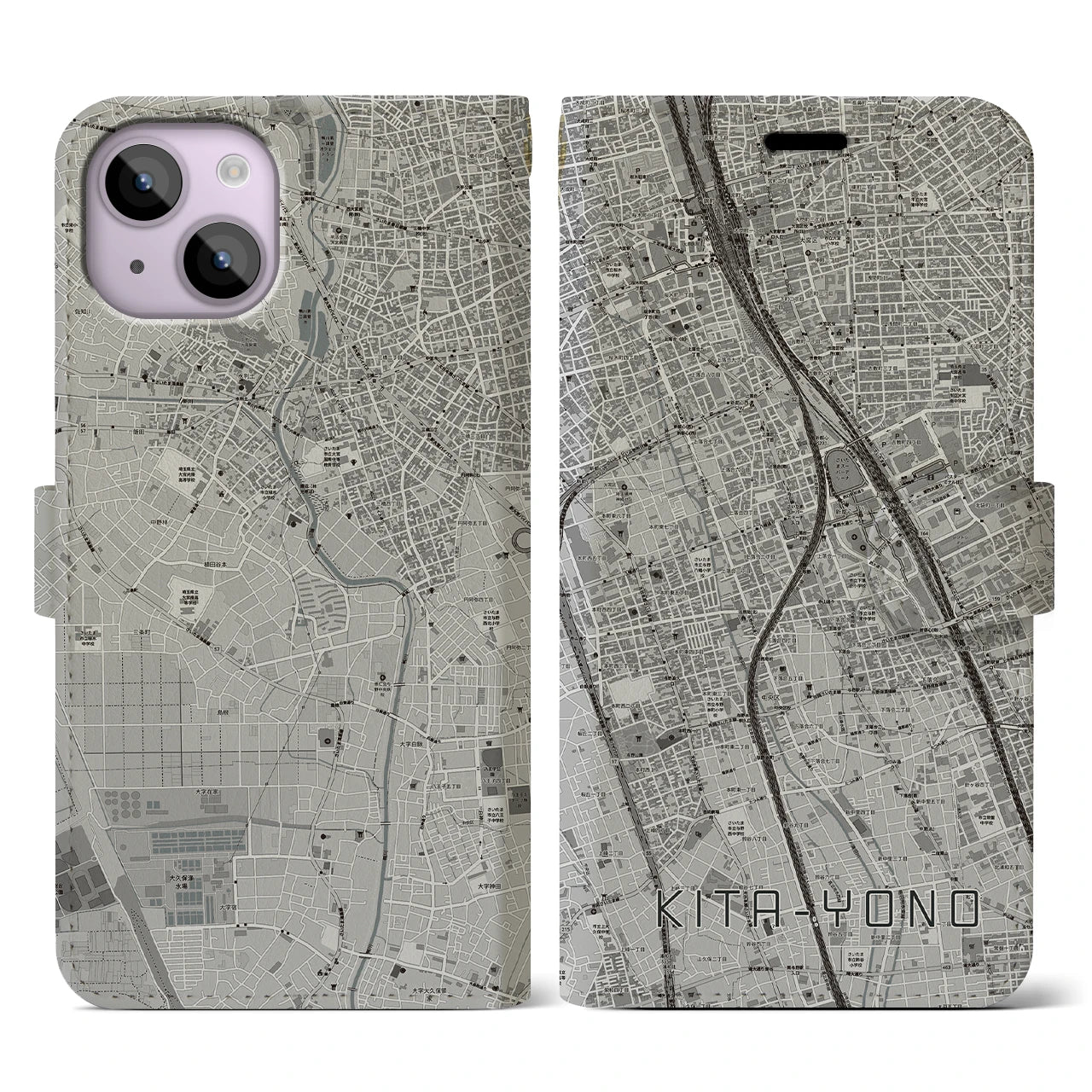 【北与野(埼玉県)】地図柄iPhoneケース(手帳タイプ)モノトーン・iPhone 14 用