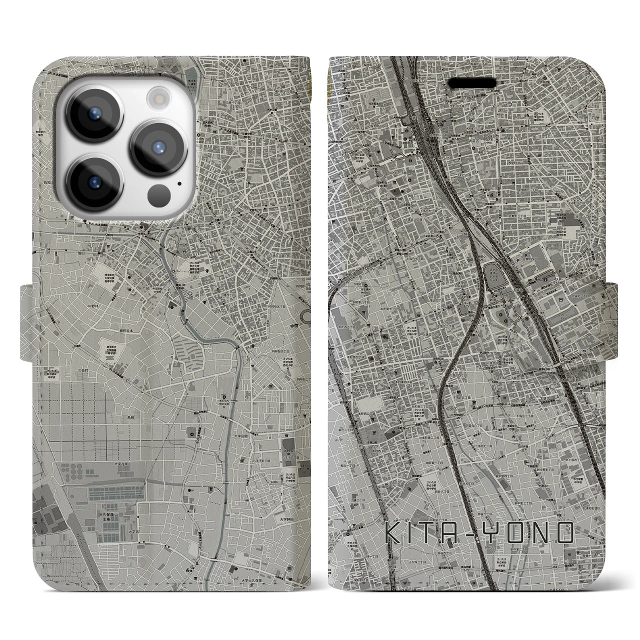 【北与野(埼玉県)】地図柄iPhoneケース(手帳タイプ)モノトーン・iPhone 14 Pro 用