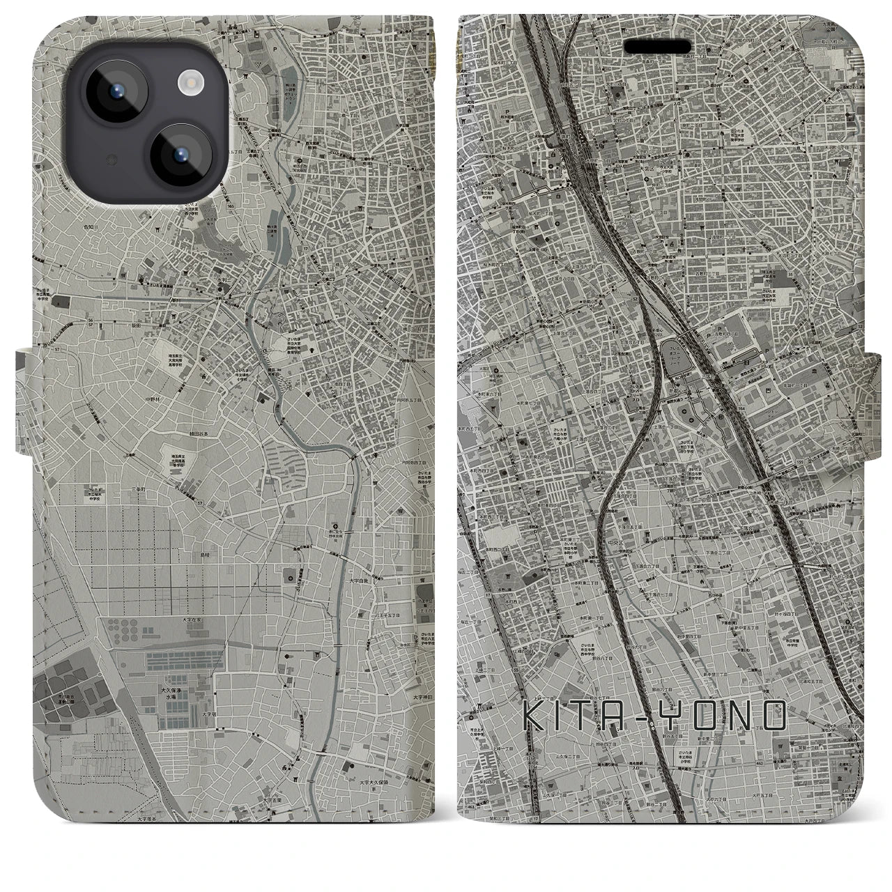 【北与野(埼玉県)】地図柄iPhoneケース(手帳タイプ)モノトーン・iPhone 14 Plus 用