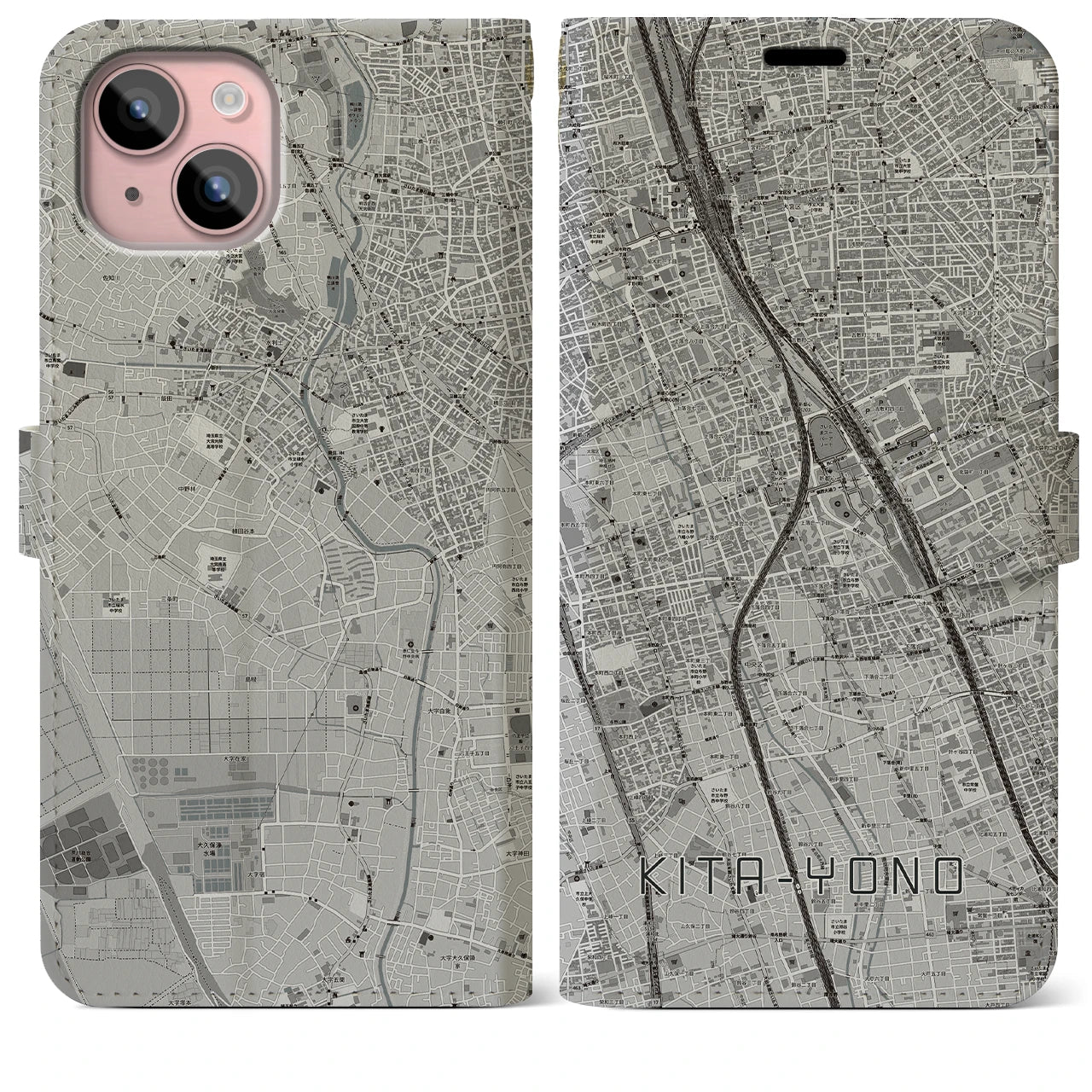 【北与野(埼玉県)】地図柄iPhoneケース(手帳タイプ)モノトーン・iPhone 15 Plus 用