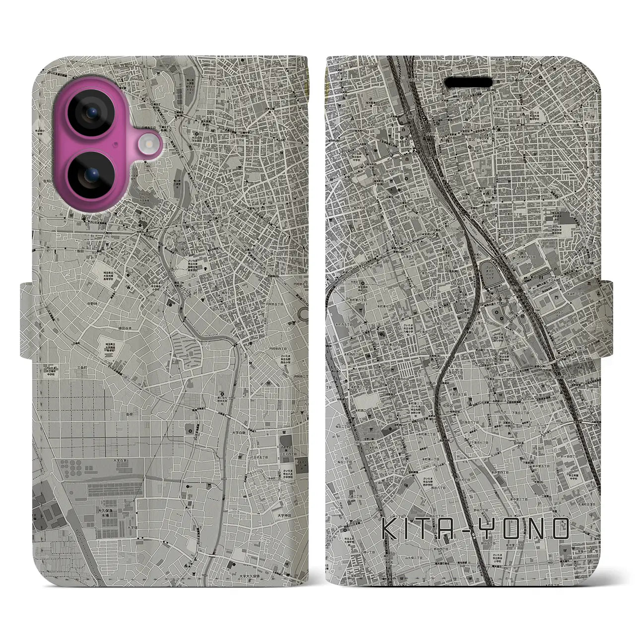 【北与野(埼玉県)】地図柄iPhoneケース(手帳タイプ)モノトーン・iPhone 16 Pro 用