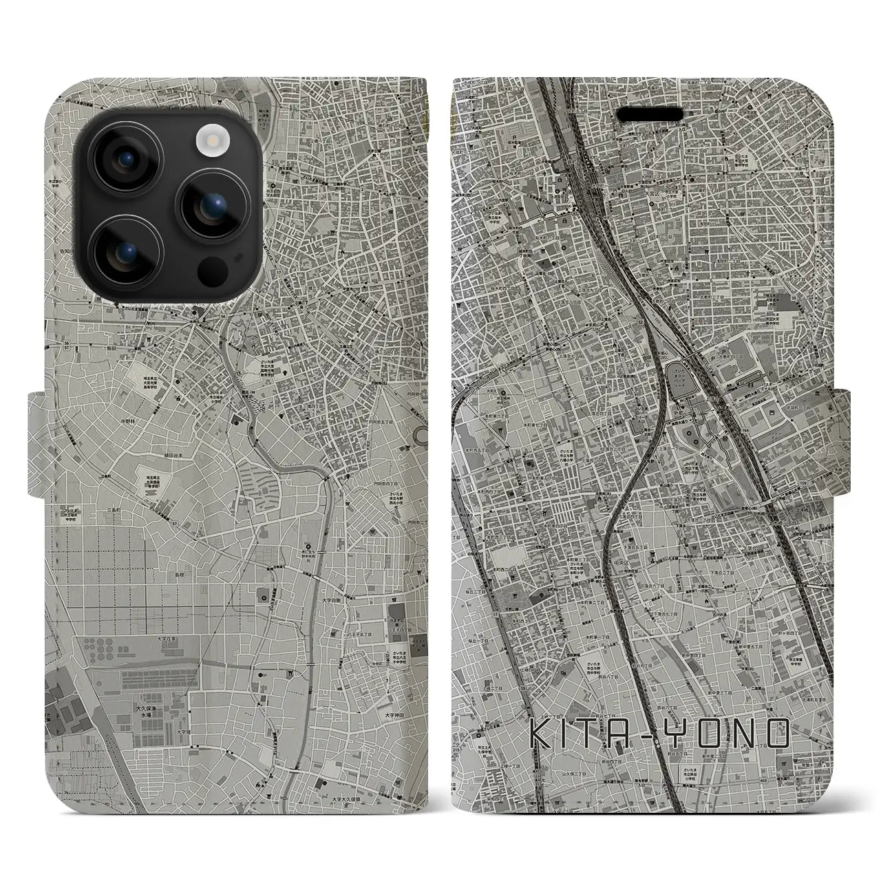 【北与野(埼玉県)】地図柄iPhoneケース(手帳タイプ)モノトーン・iPhone 16 用