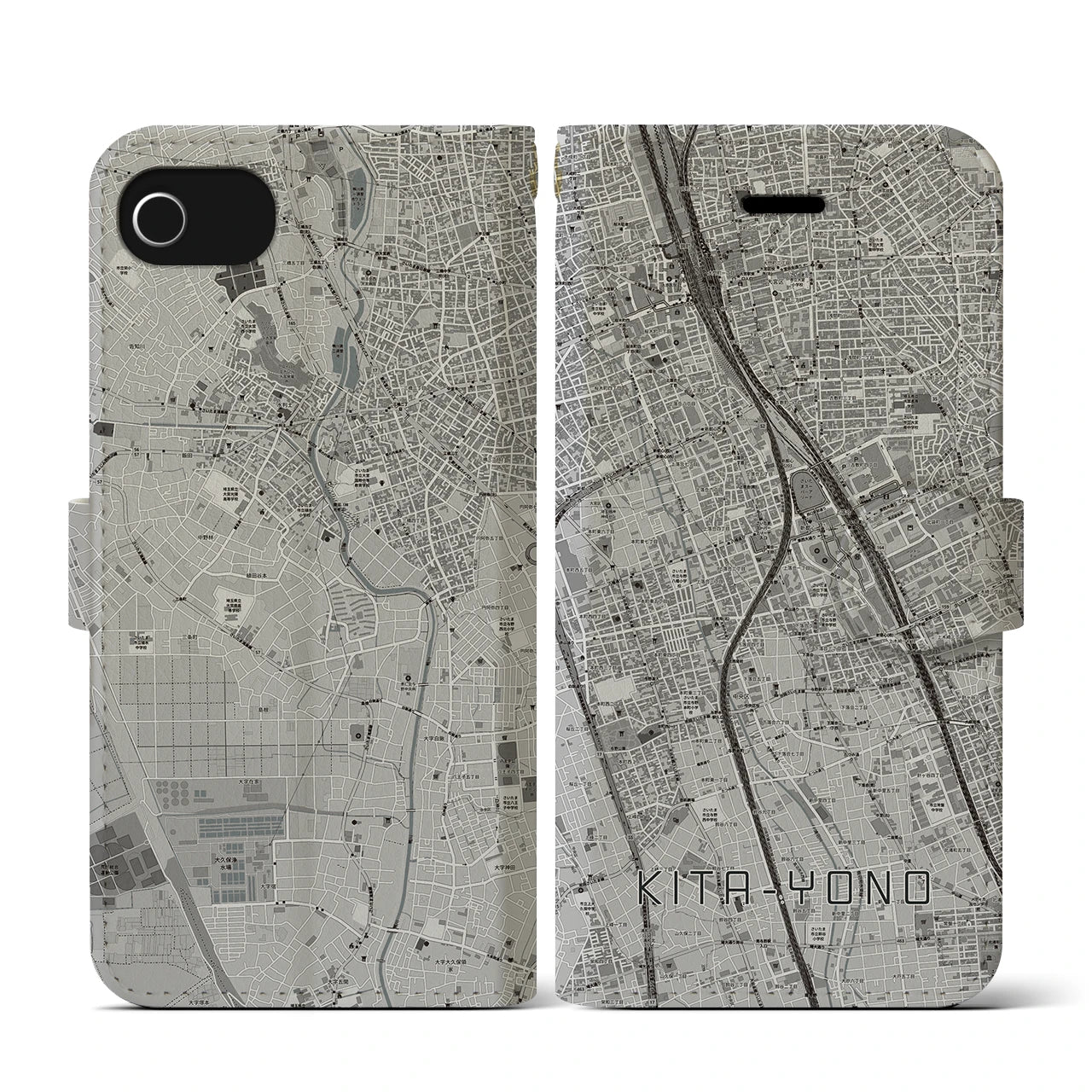 【北与野(埼玉県)】地図柄iPhoneケース(手帳タイプ)モノトーン・iPhone SE(第3 / 第2世代) / 8 / 7 / 6s / 6 用