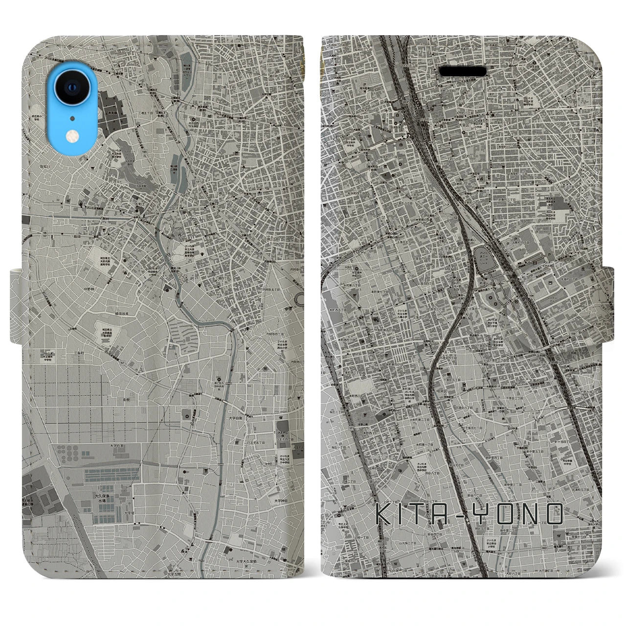 【北与野(埼玉県)】地図柄iPhoneケース(手帳タイプ)モノトーン・iPhone XR 用