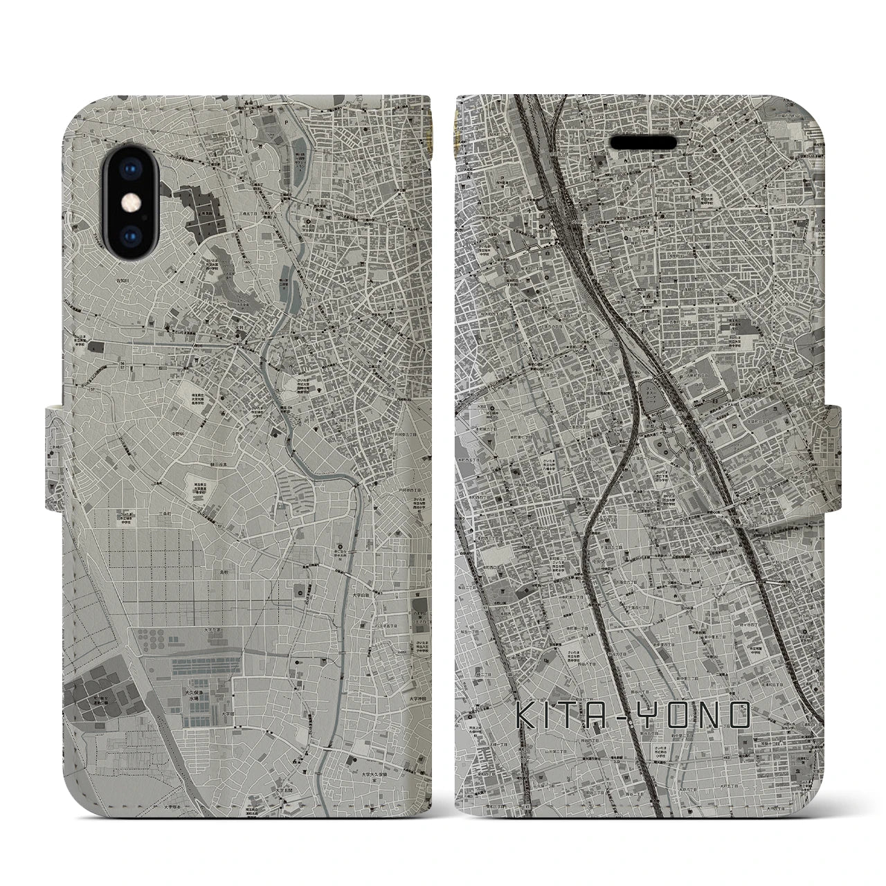 【北与野(埼玉県)】地図柄iPhoneケース(手帳タイプ)モノトーン・iPhone XS / X 用