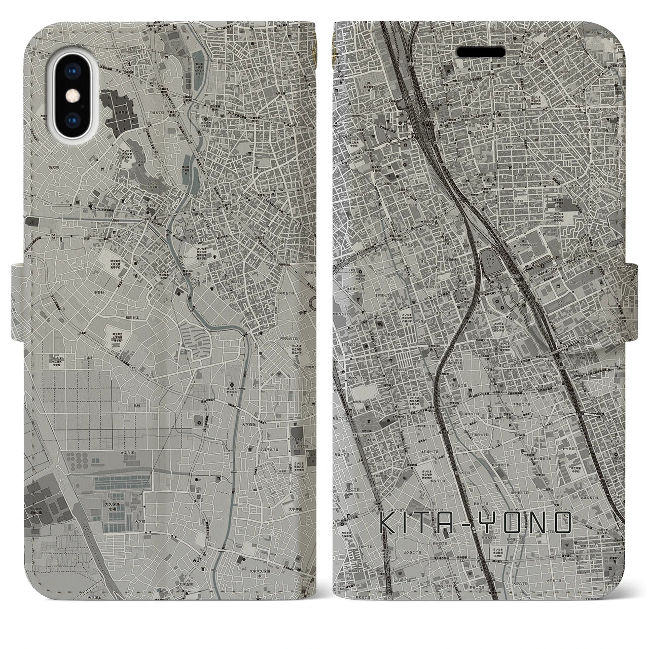 【北与野(埼玉県)】地図柄iPhoneケース(手帳タイプ)モノトーン・iPhone XS Max 用