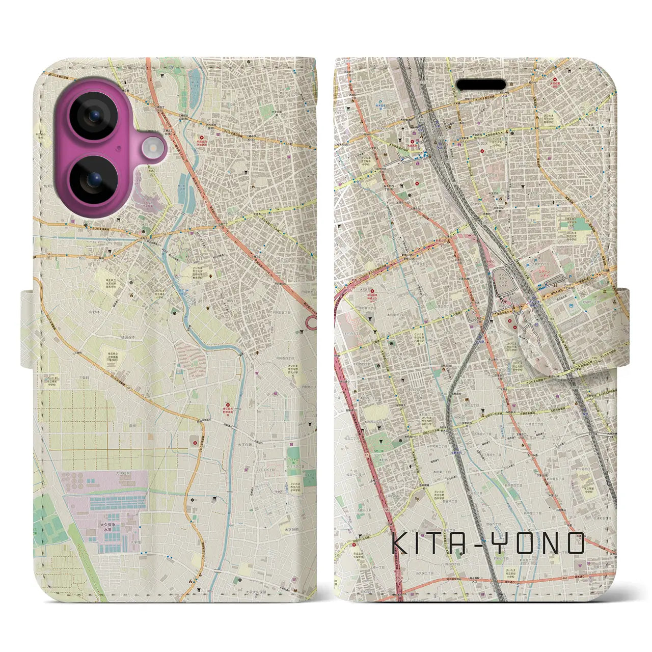 【北与野(埼玉県)】地図柄iPhoneケース(手帳タイプ)ナチュラル・iPhone 16 Pro 用