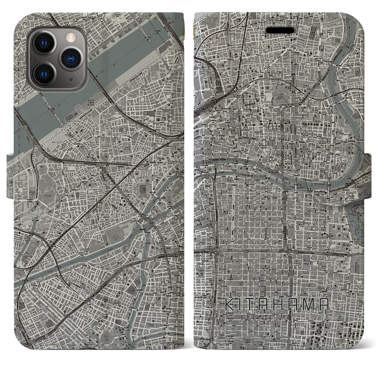 【北浜(大阪府)】地図柄iPhoneケース(手帳タイプ)モノトーン・iPhone 11 Pro Max 用