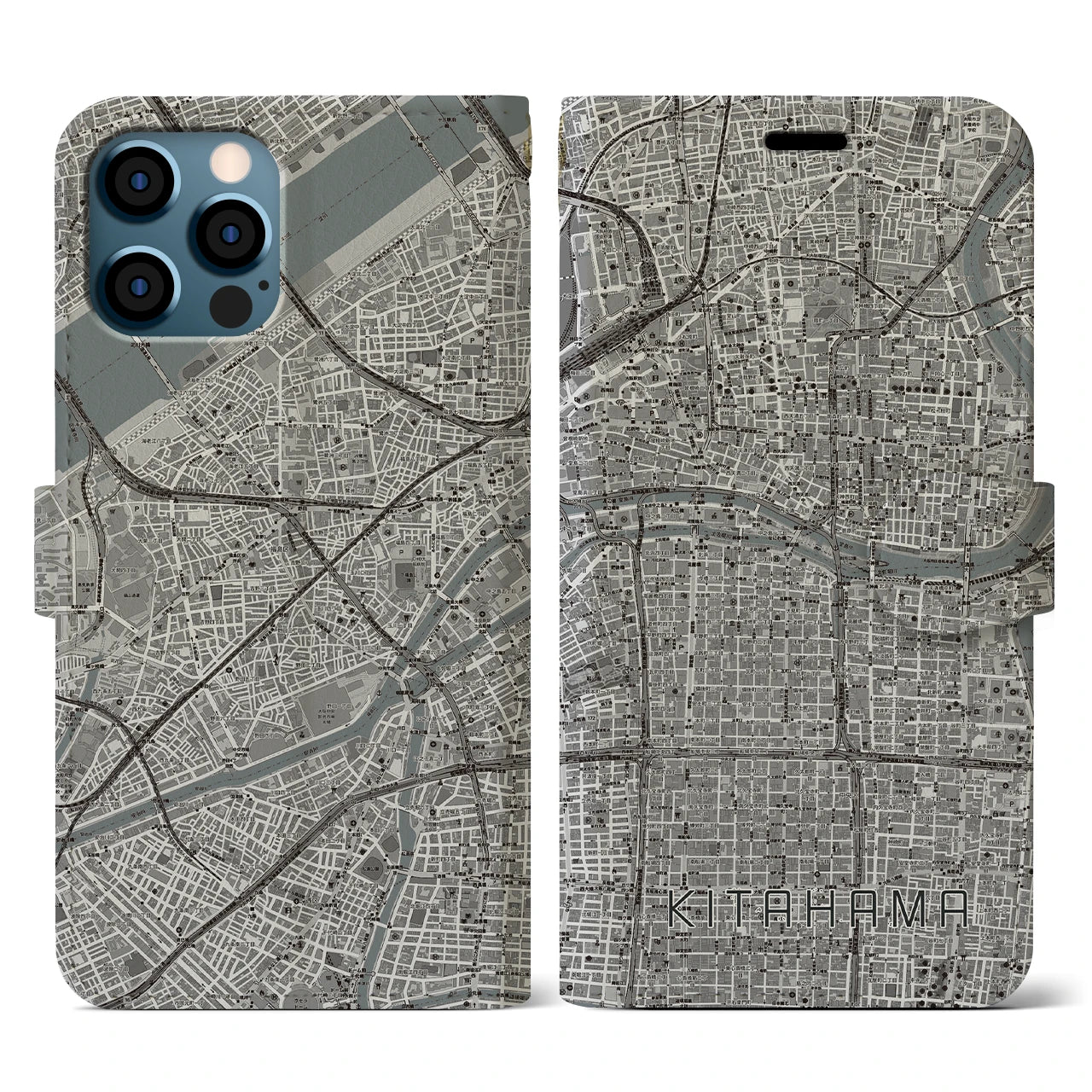 【北浜(大阪府)】地図柄iPhoneケース(手帳タイプ)モノトーン・iPhone 12 / 12 Pro 用