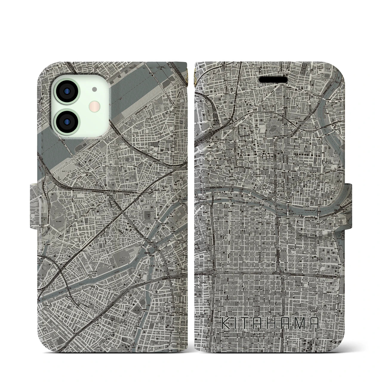 【北浜(大阪府)】地図柄iPhoneケース(手帳タイプ)モノトーン・iPhone 12 mini 用