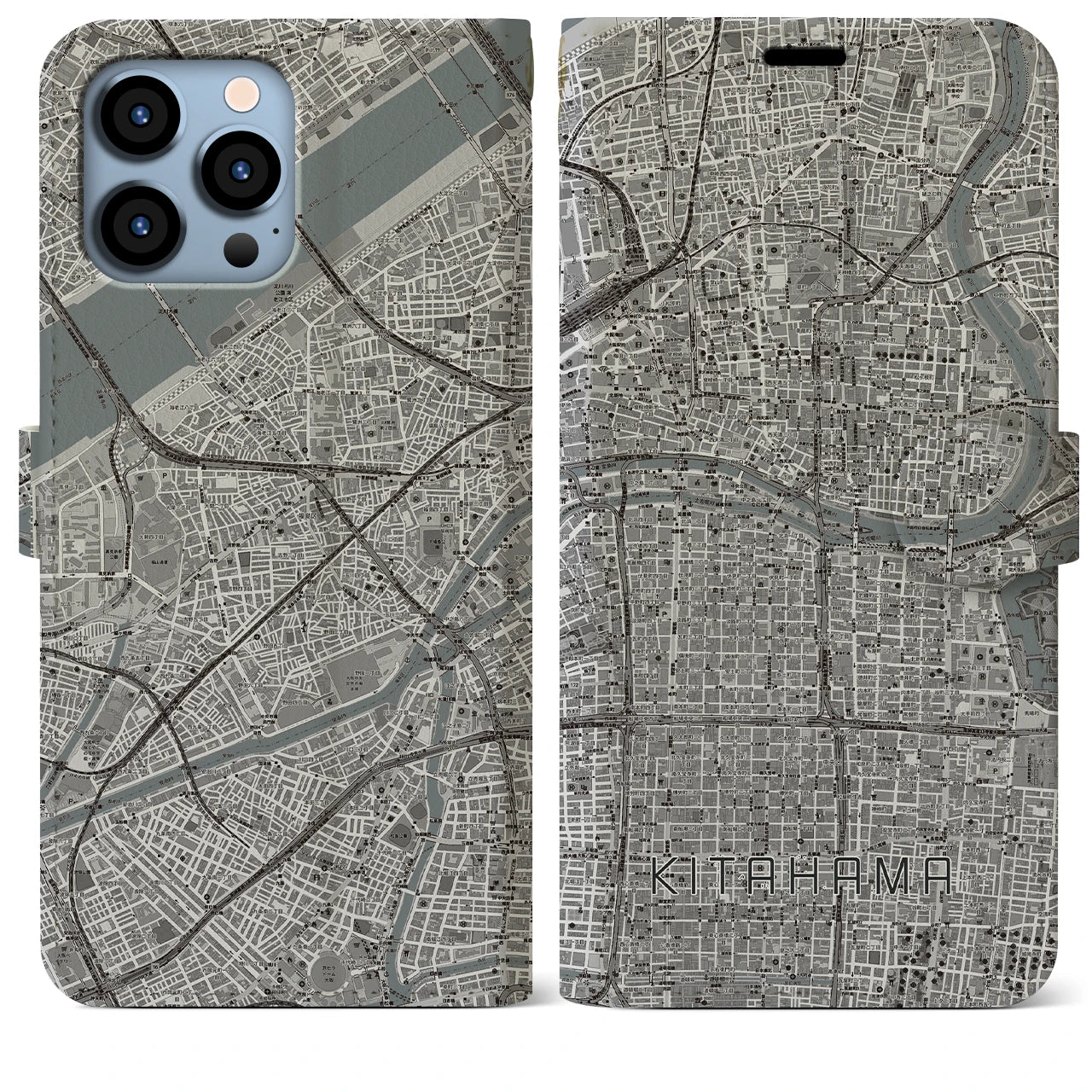 【北浜(大阪府)】地図柄iPhoneケース(手帳タイプ)モノトーン・iPhone 13 Pro Max 用