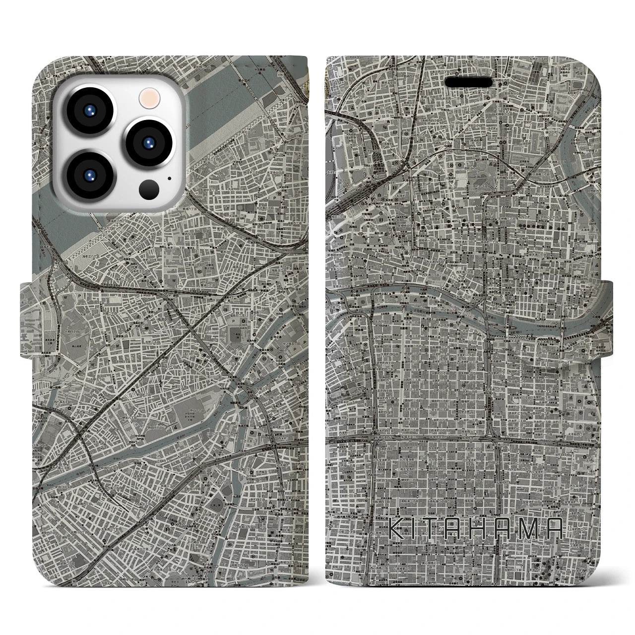 【北浜(大阪府)】地図柄iPhoneケース(手帳タイプ)モノトーン・iPhone 13 Pro 用
