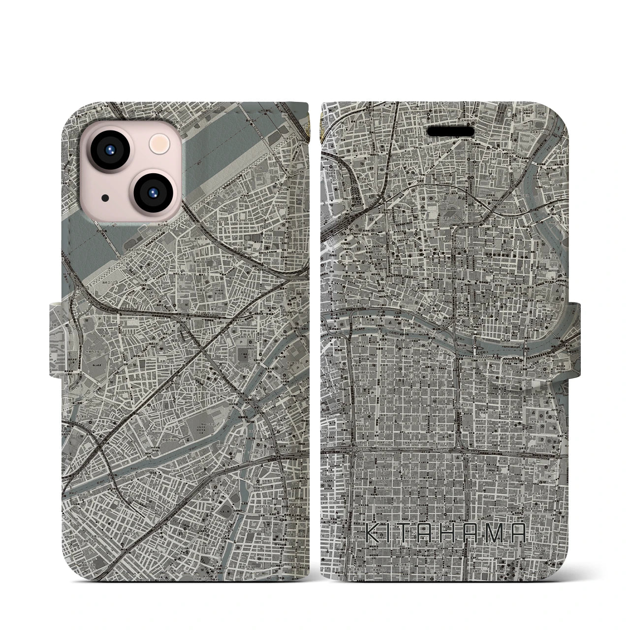 【北浜(大阪府)】地図柄iPhoneケース(手帳タイプ)モノトーン・iPhone 13 mini 用