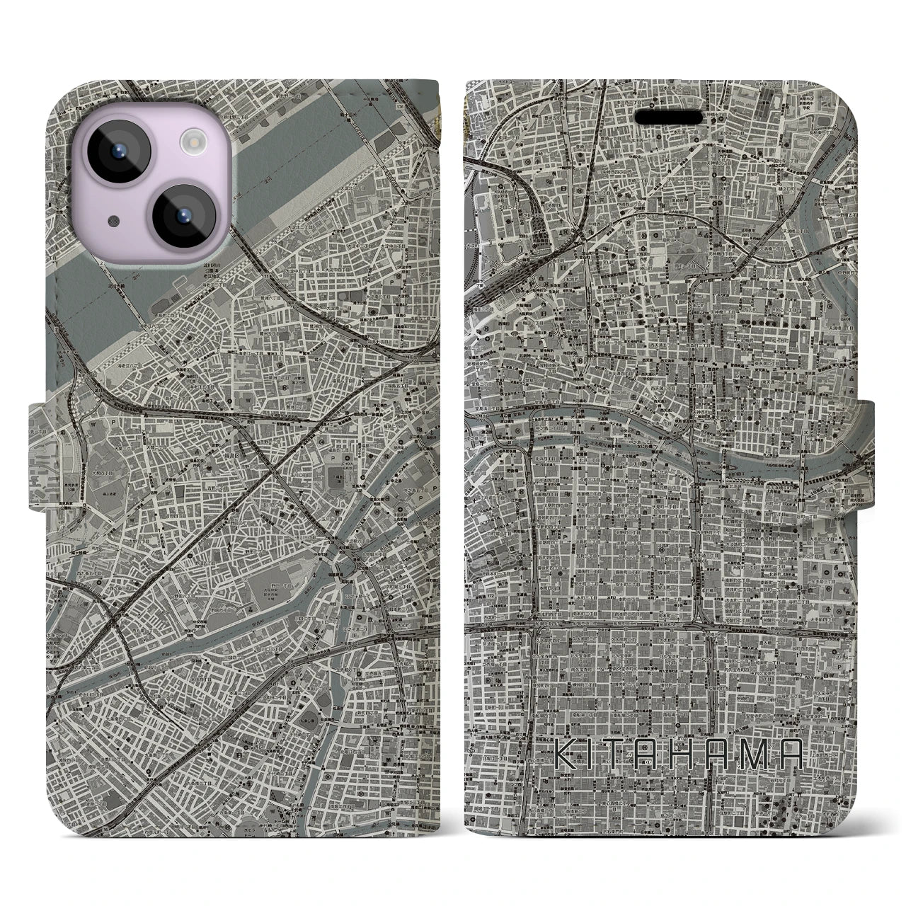 【北浜(大阪府)】地図柄iPhoneケース(手帳タイプ)モノトーン・iPhone 14 用