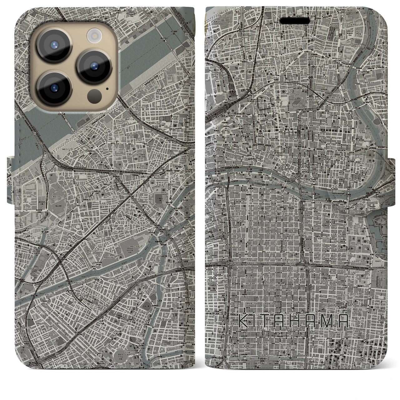 【北浜(大阪府)】地図柄iPhoneケース(手帳タイプ)モノトーン・iPhone 14 Pro Max 用