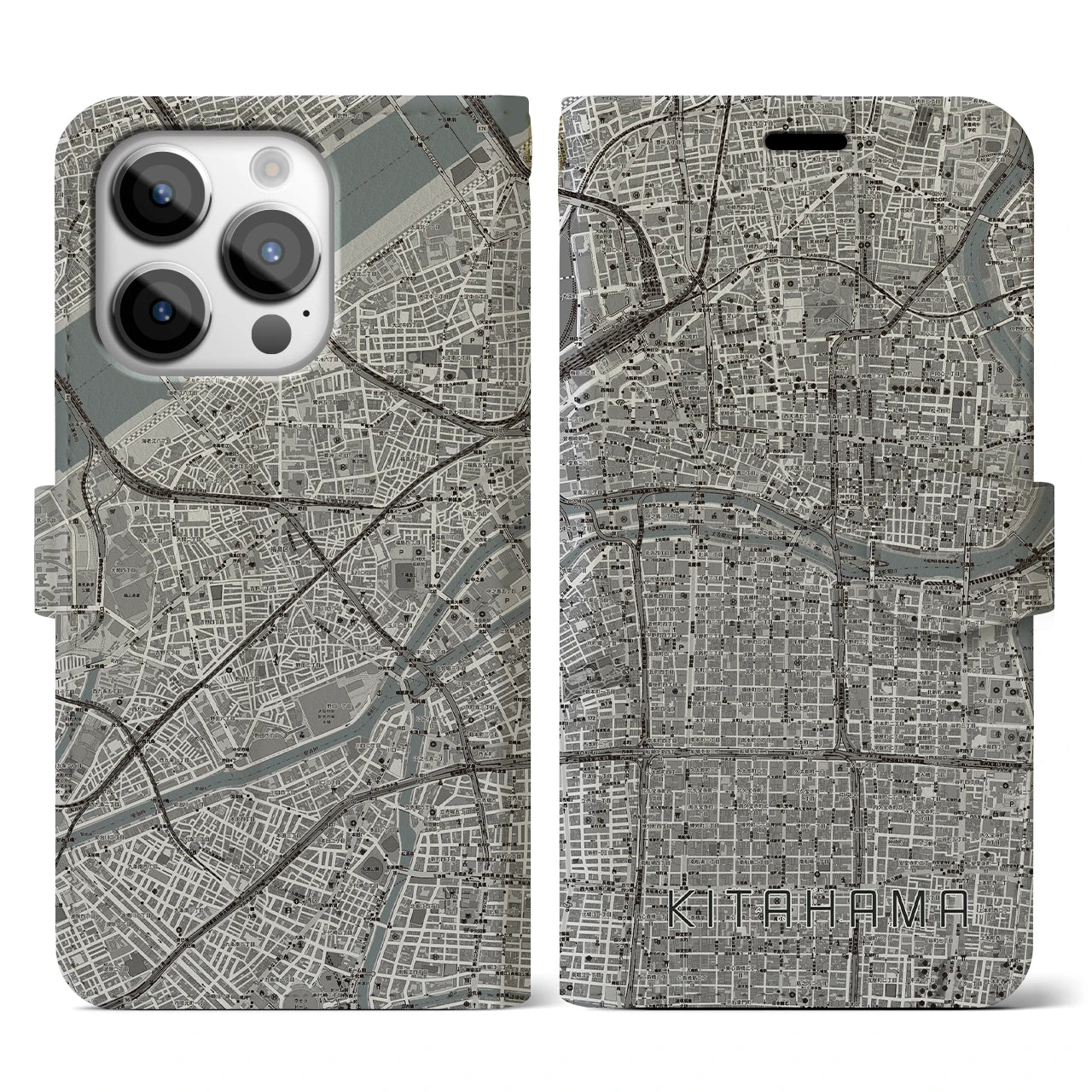 【北浜(大阪府)】地図柄iPhoneケース(手帳タイプ)モノトーン・iPhone 14 Pro 用