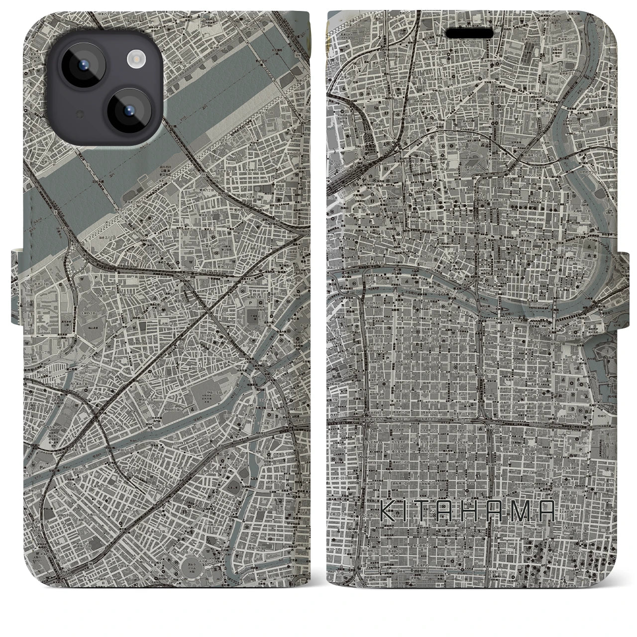 【北浜(大阪府)】地図柄iPhoneケース(手帳タイプ)モノトーン・iPhone 14 Plus 用