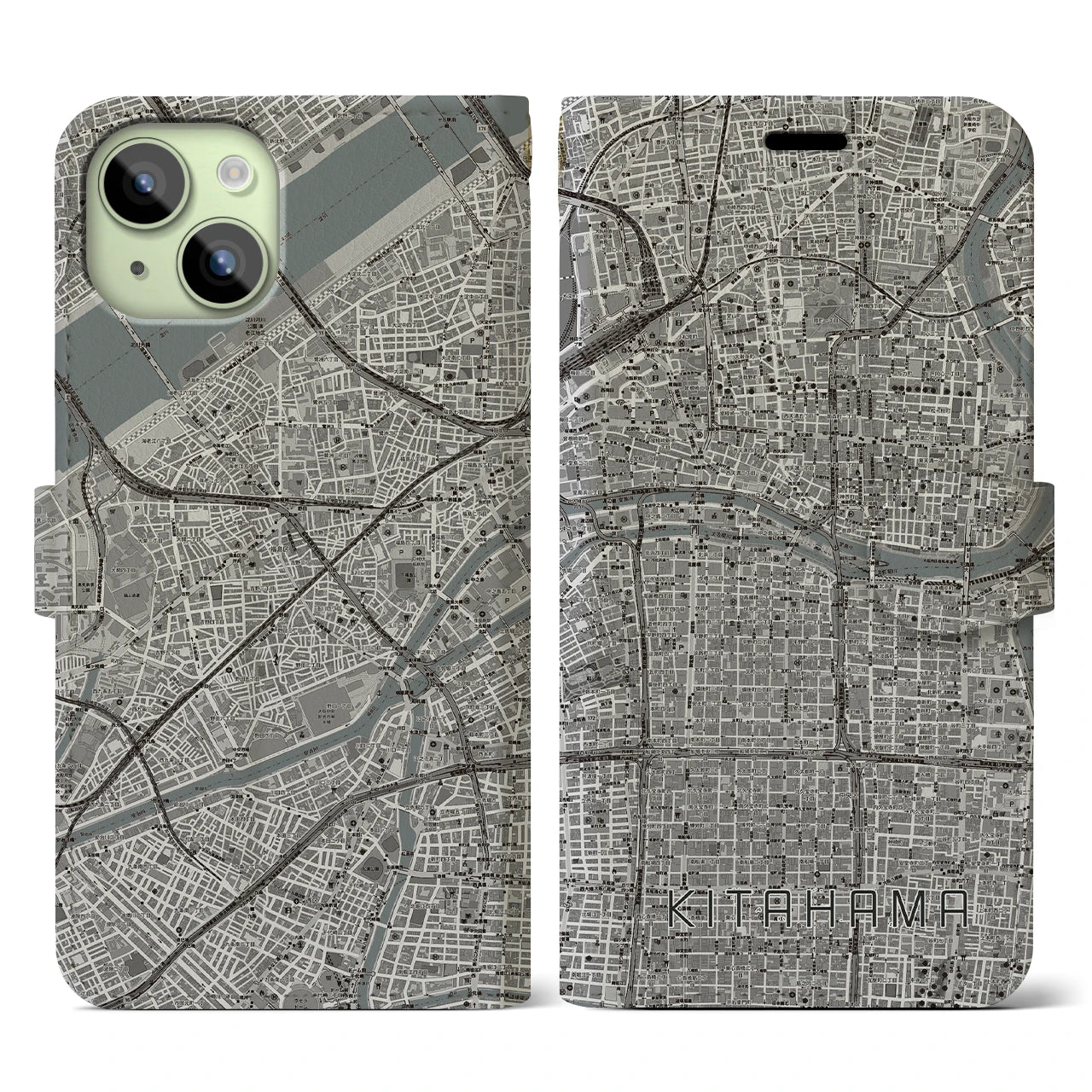 【北浜(大阪府)】地図柄iPhoneケース(手帳タイプ)モノトーン・iPhone 15 用