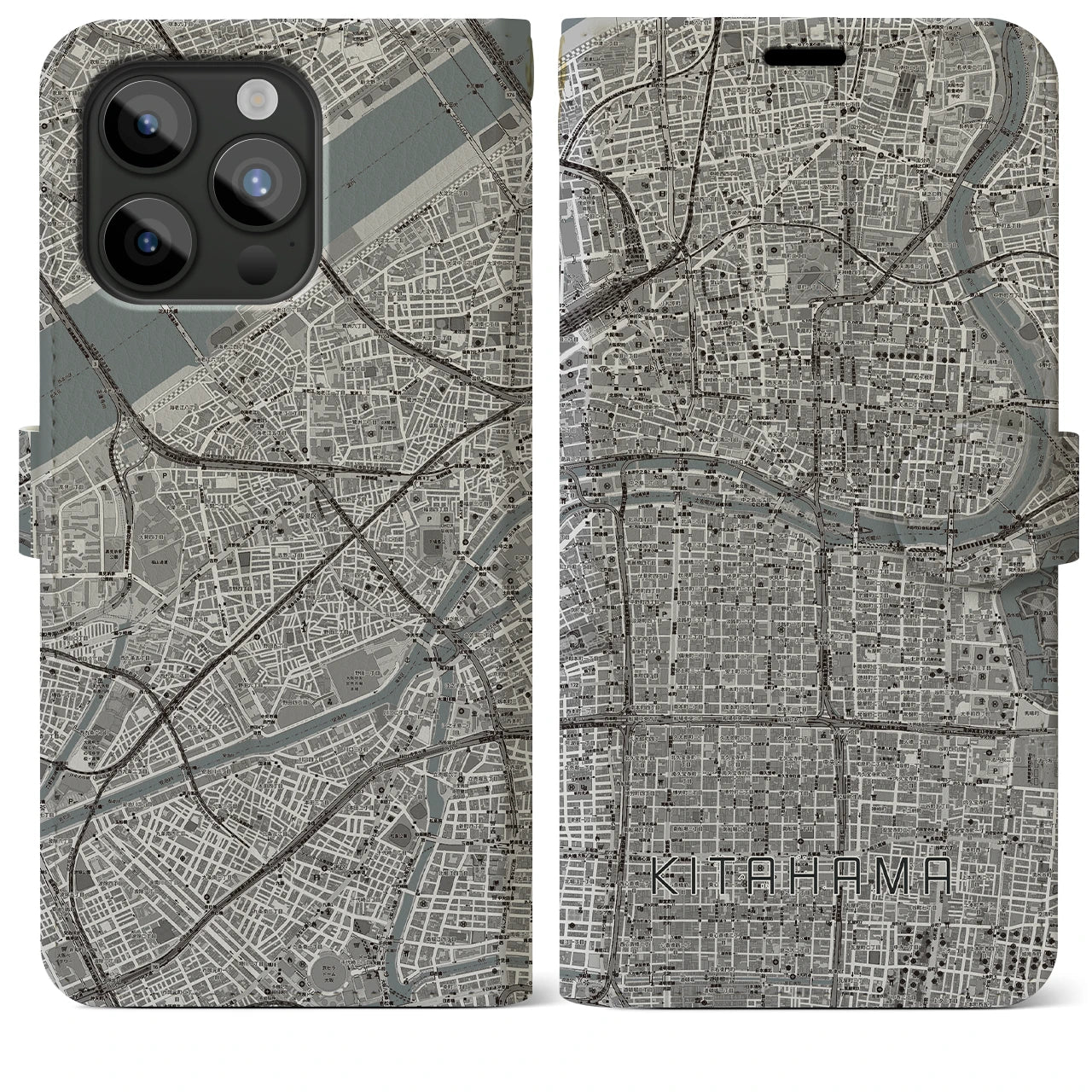 【北浜(大阪府)】地図柄iPhoneケース(手帳タイプ)モノトーン・iPhone 15 Pro Max 用