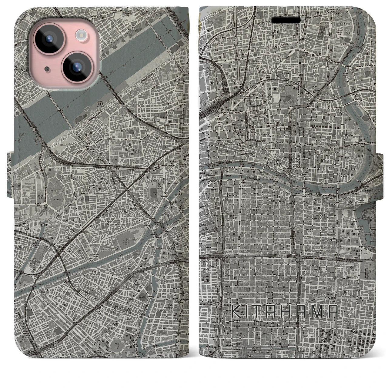【北浜(大阪府)】地図柄iPhoneケース(手帳タイプ)モノトーン・iPhone 15 Plus 用