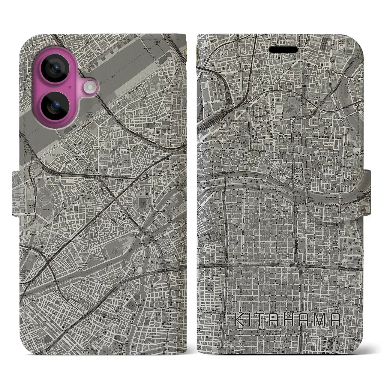 【北浜(大阪府)】地図柄iPhoneケース(手帳タイプ)モノトーン・iPhone 16 Pro 用