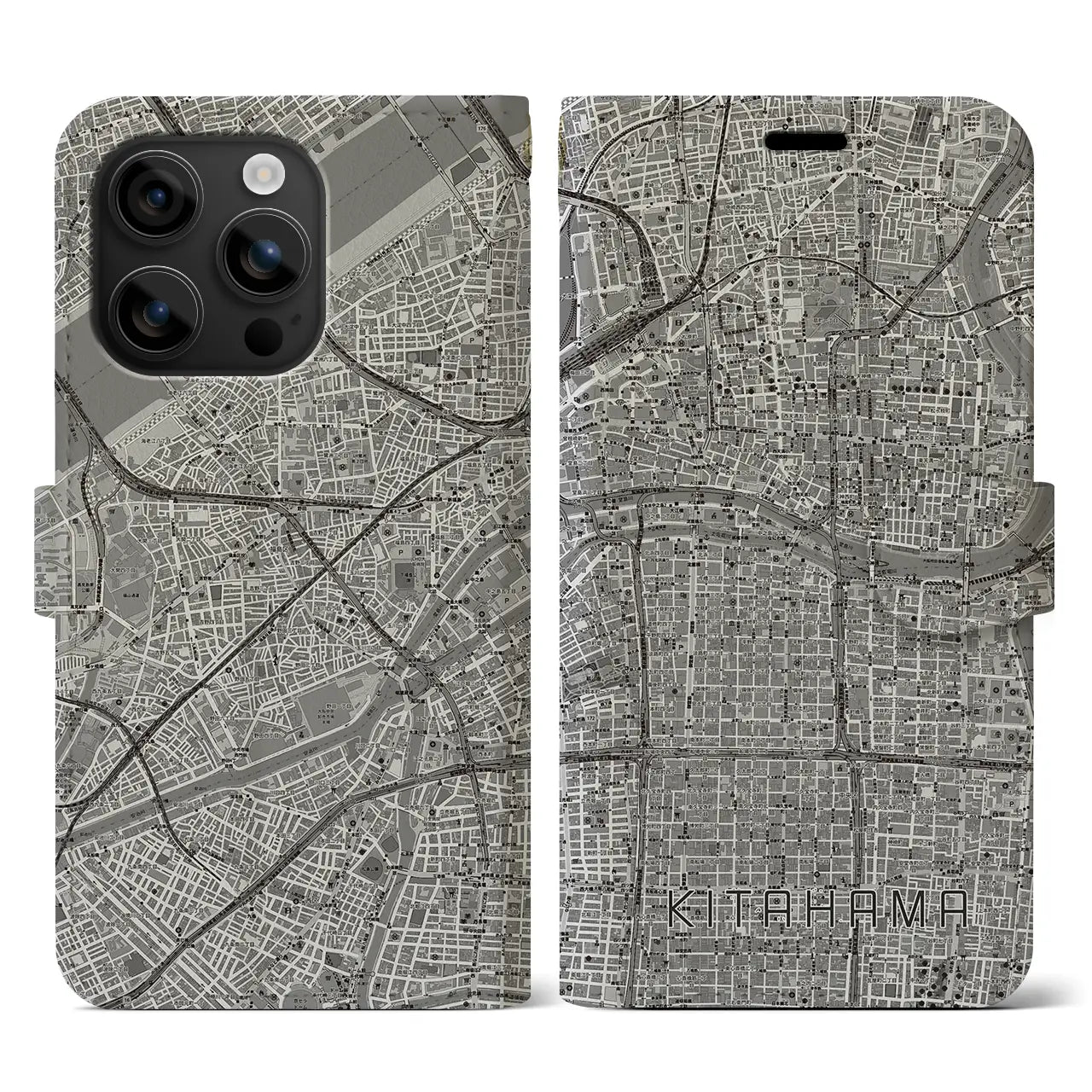 【北浜(大阪府)】地図柄iPhoneケース(手帳タイプ)モノトーン・iPhone 16 用