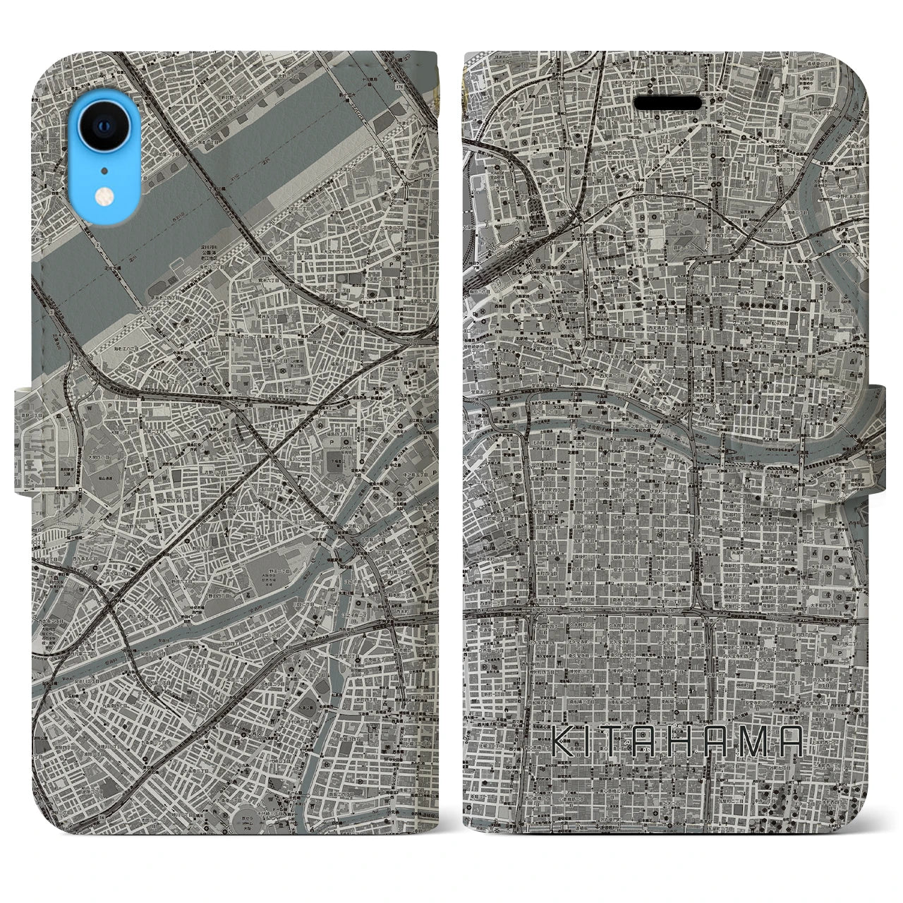 【北浜(大阪府)】地図柄iPhoneケース(手帳タイプ)モノトーン・iPhone XR 用