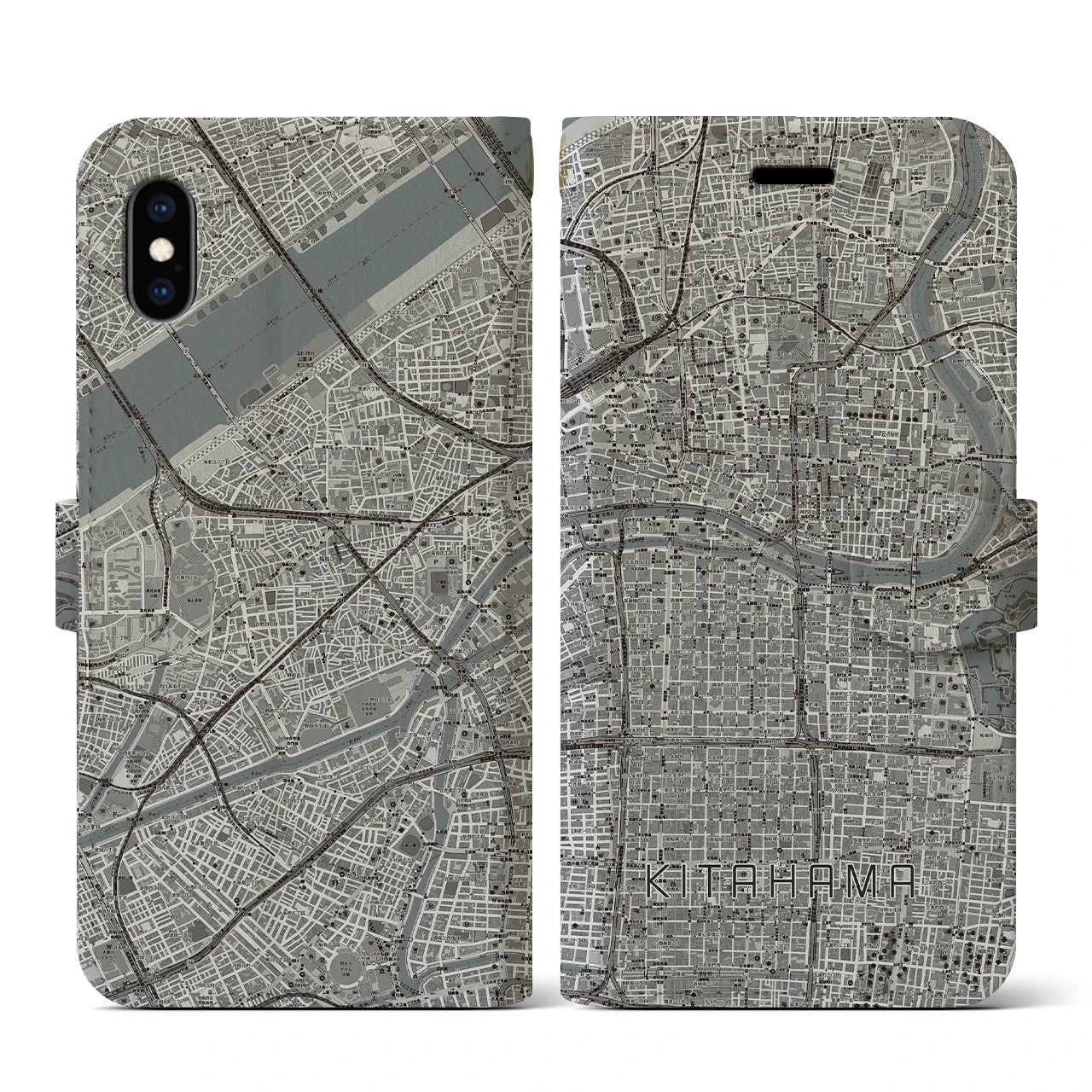 【北浜(大阪府)】地図柄iPhoneケース(手帳タイプ)モノトーン・iPhone XS / X 用