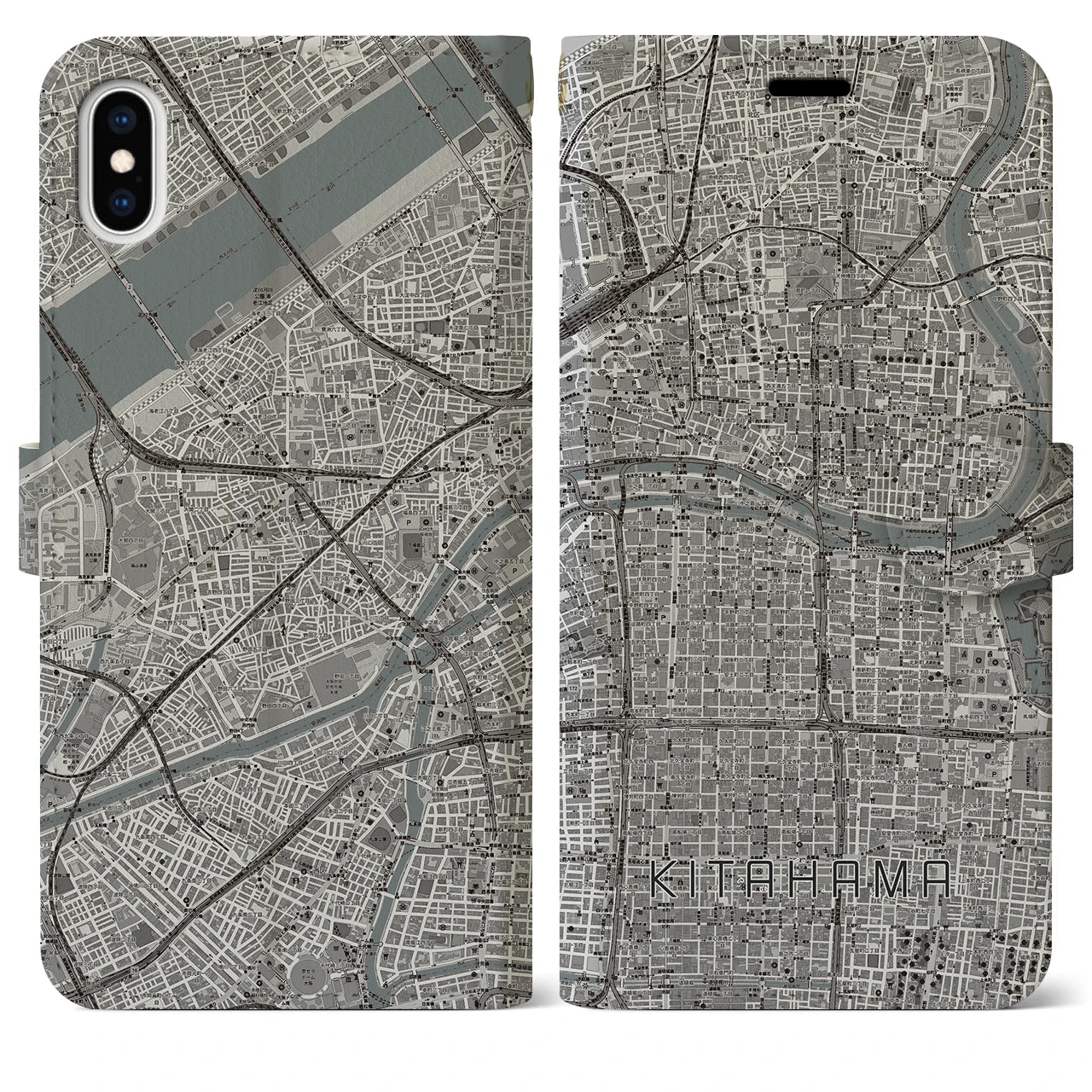 【北浜(大阪府)】地図柄iPhoneケース(手帳タイプ)モノトーン・iPhone XS Max 用