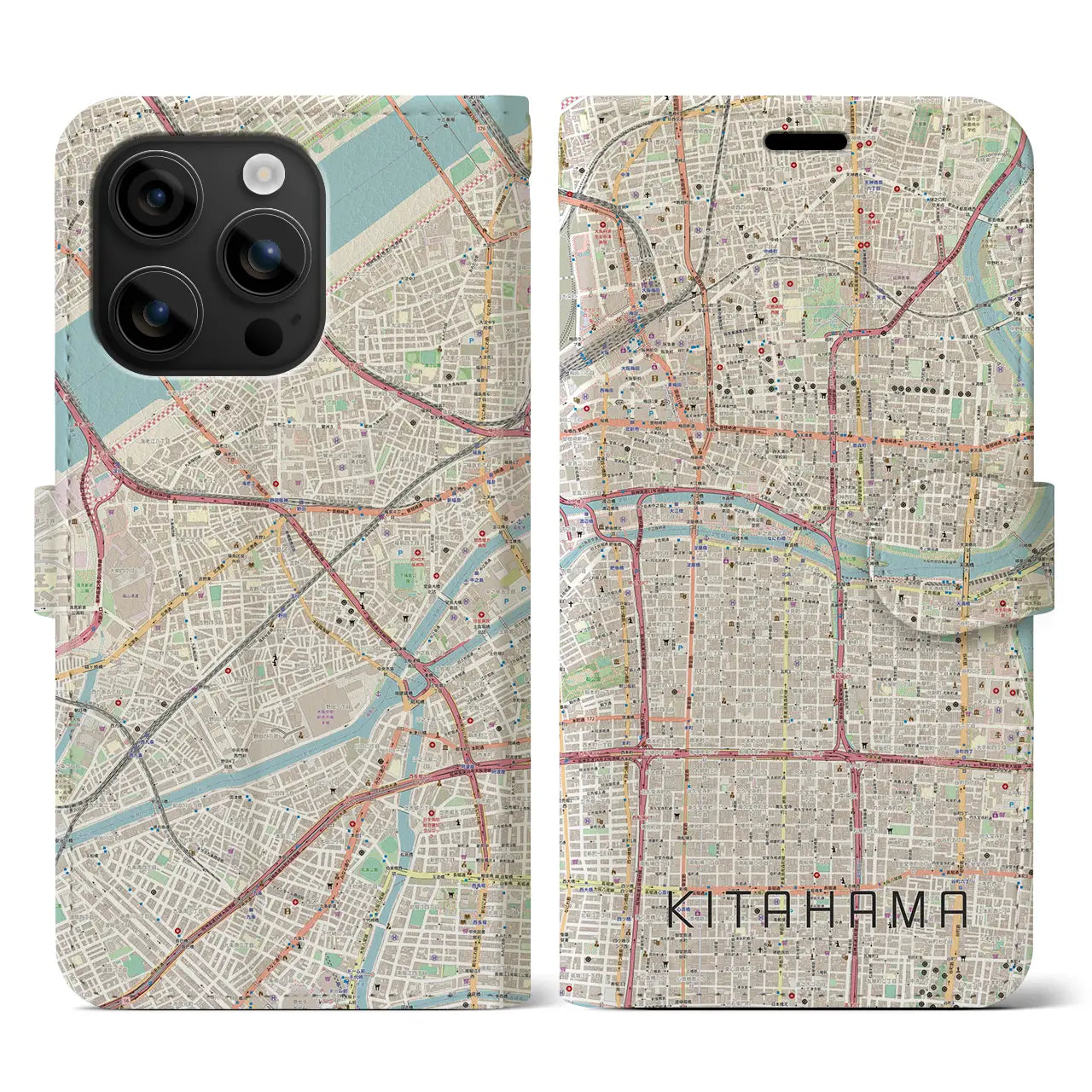 【北浜(大阪府)】地図柄iPhoneケース(手帳タイプ)ナチュラル・iPhone 16 用