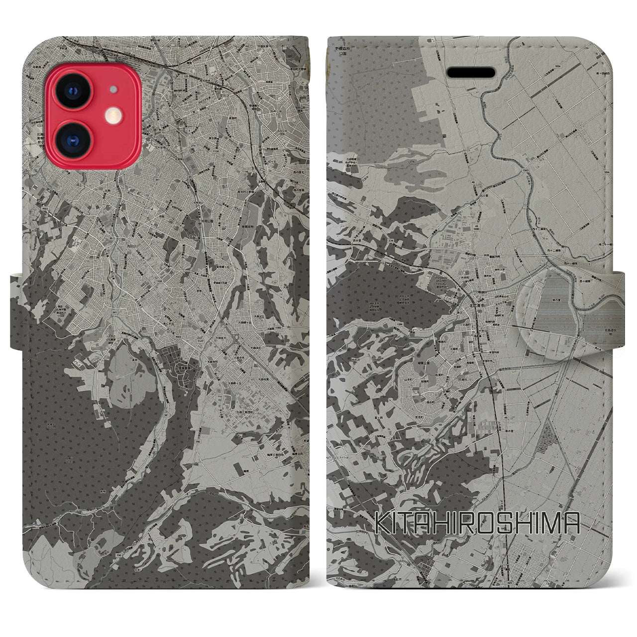 【北広島(広島県)】地図柄iPhoneケース(手帳タイプ)モノトーン・iPhone 11 用