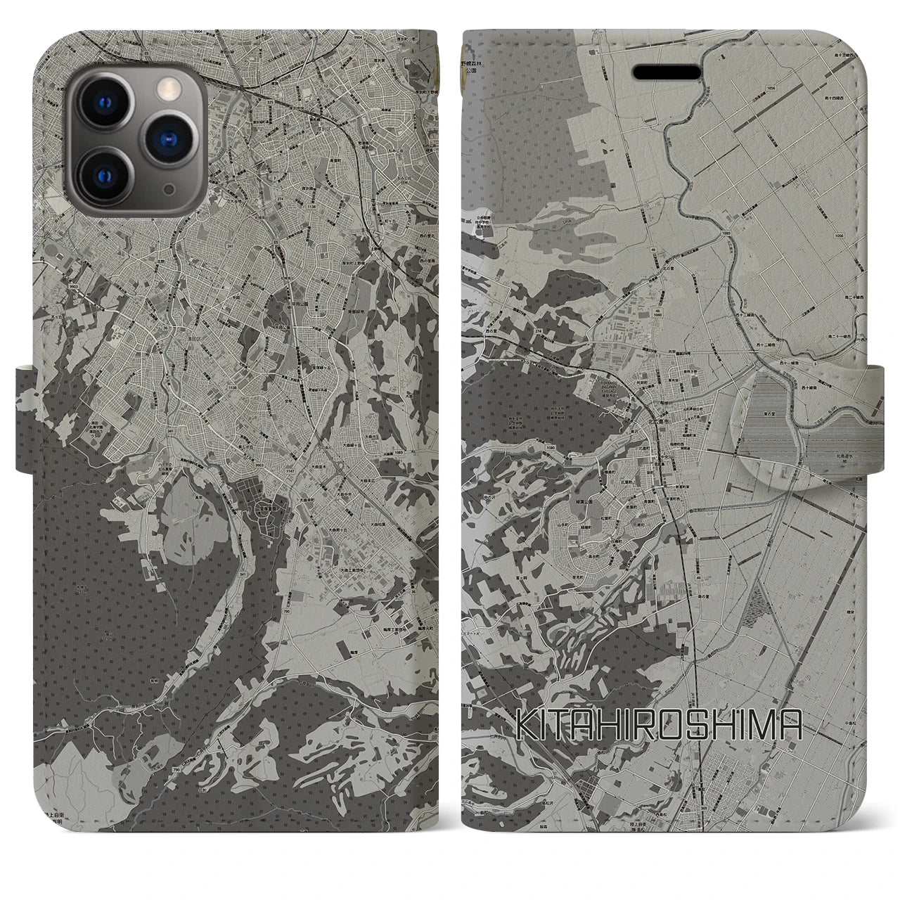 【北広島(広島県)】地図柄iPhoneケース(手帳タイプ)モノトーン・iPhone 11 Pro Max 用
