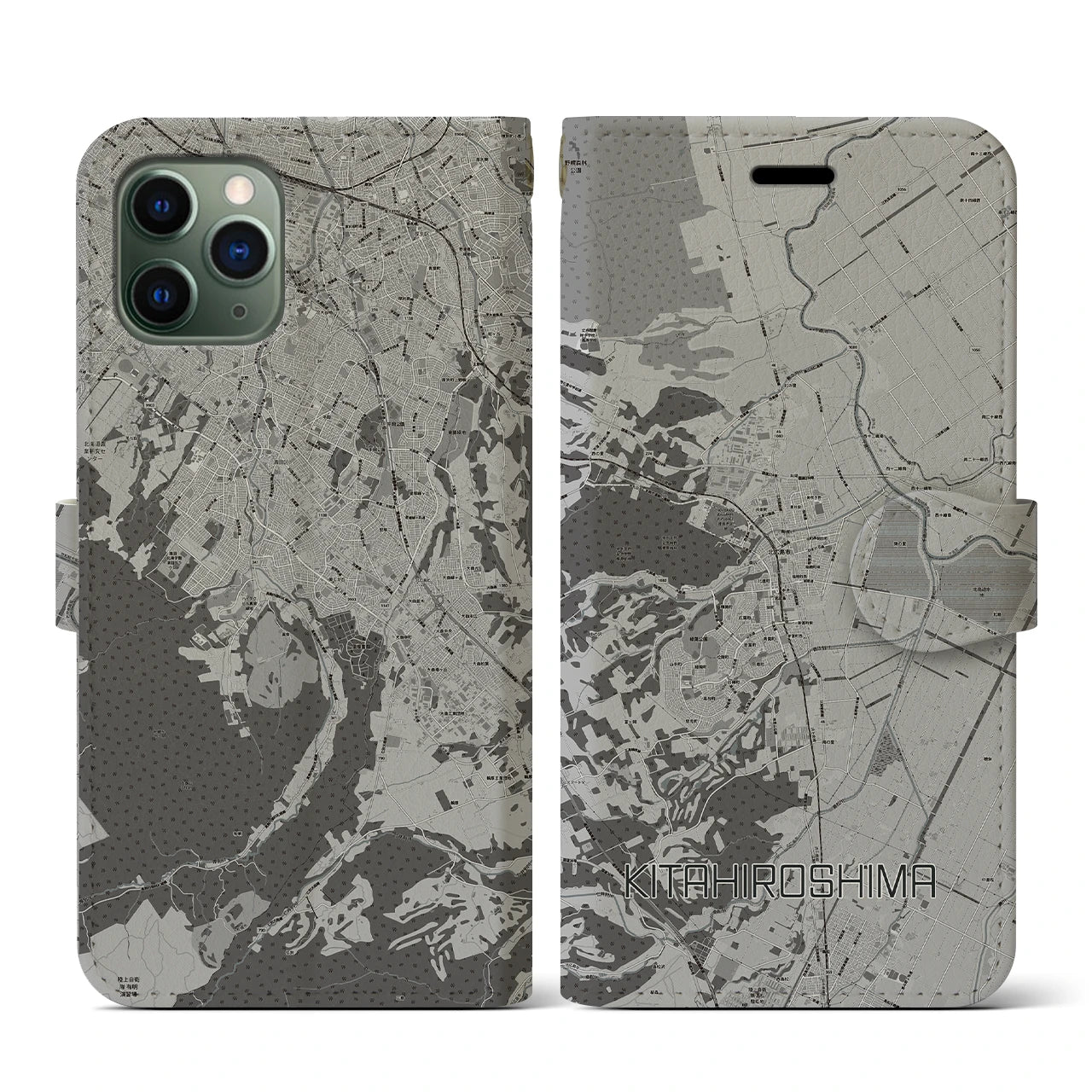 【北広島(広島県)】地図柄iPhoneケース(手帳タイプ)モノトーン・iPhone 11 Pro 用