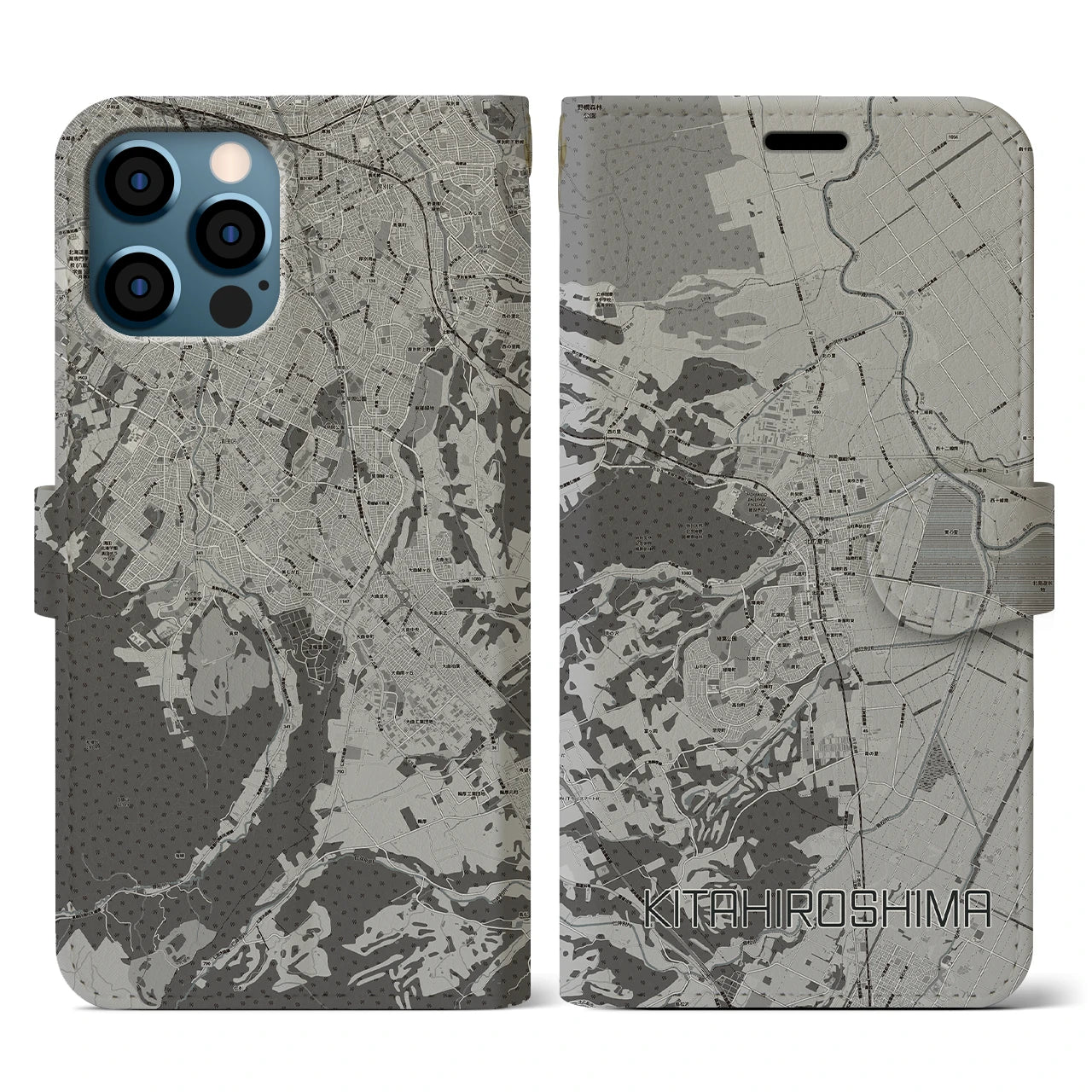 【北広島(広島県)】地図柄iPhoneケース(手帳タイプ)モノトーン・iPhone 12 / 12 Pro 用