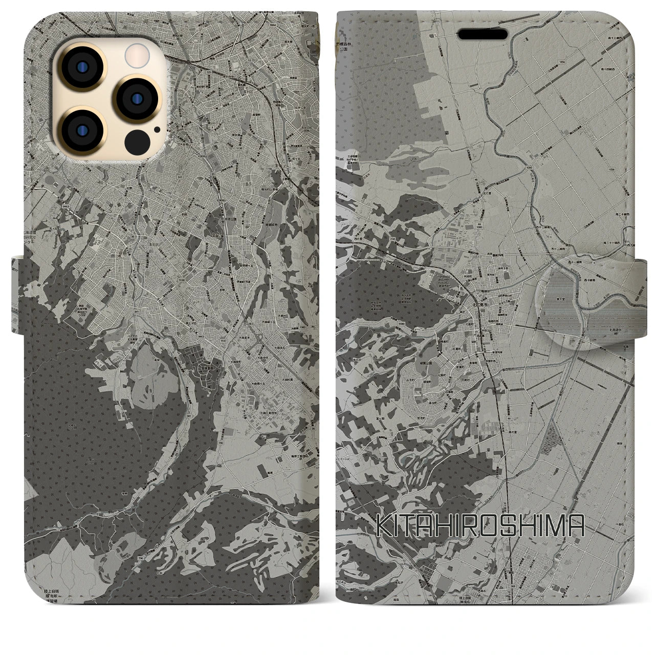 【北広島(広島県)】地図柄iPhoneケース(手帳タイプ)モノトーン・iPhone 12 Pro Max 用