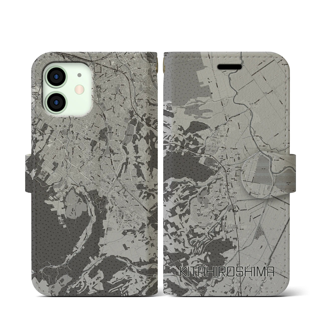 【北広島(広島県)】地図柄iPhoneケース(手帳タイプ)モノトーン・iPhone 12 mini 用