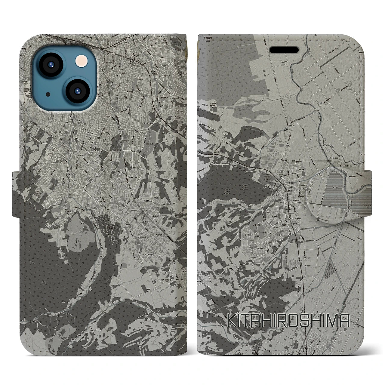 【北広島(広島県)】地図柄iPhoneケース(手帳タイプ)モノトーン・iPhone 13 用