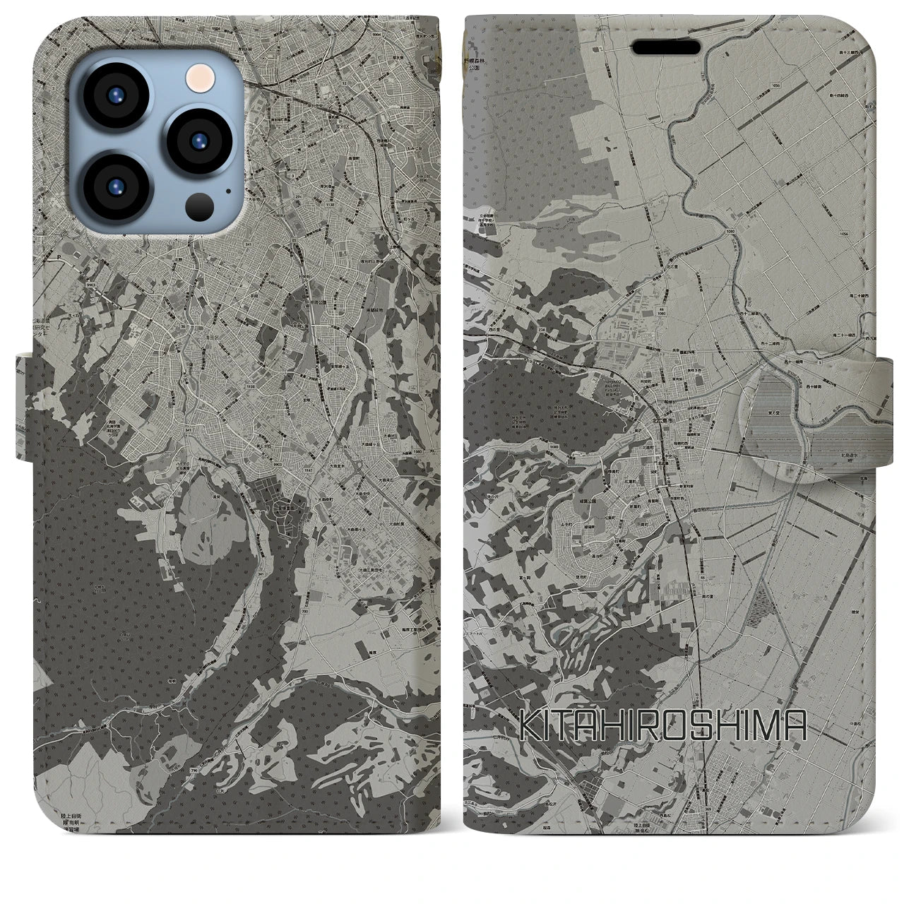 【北広島(広島県)】地図柄iPhoneケース(手帳タイプ)モノトーン・iPhone 13 Pro Max 用