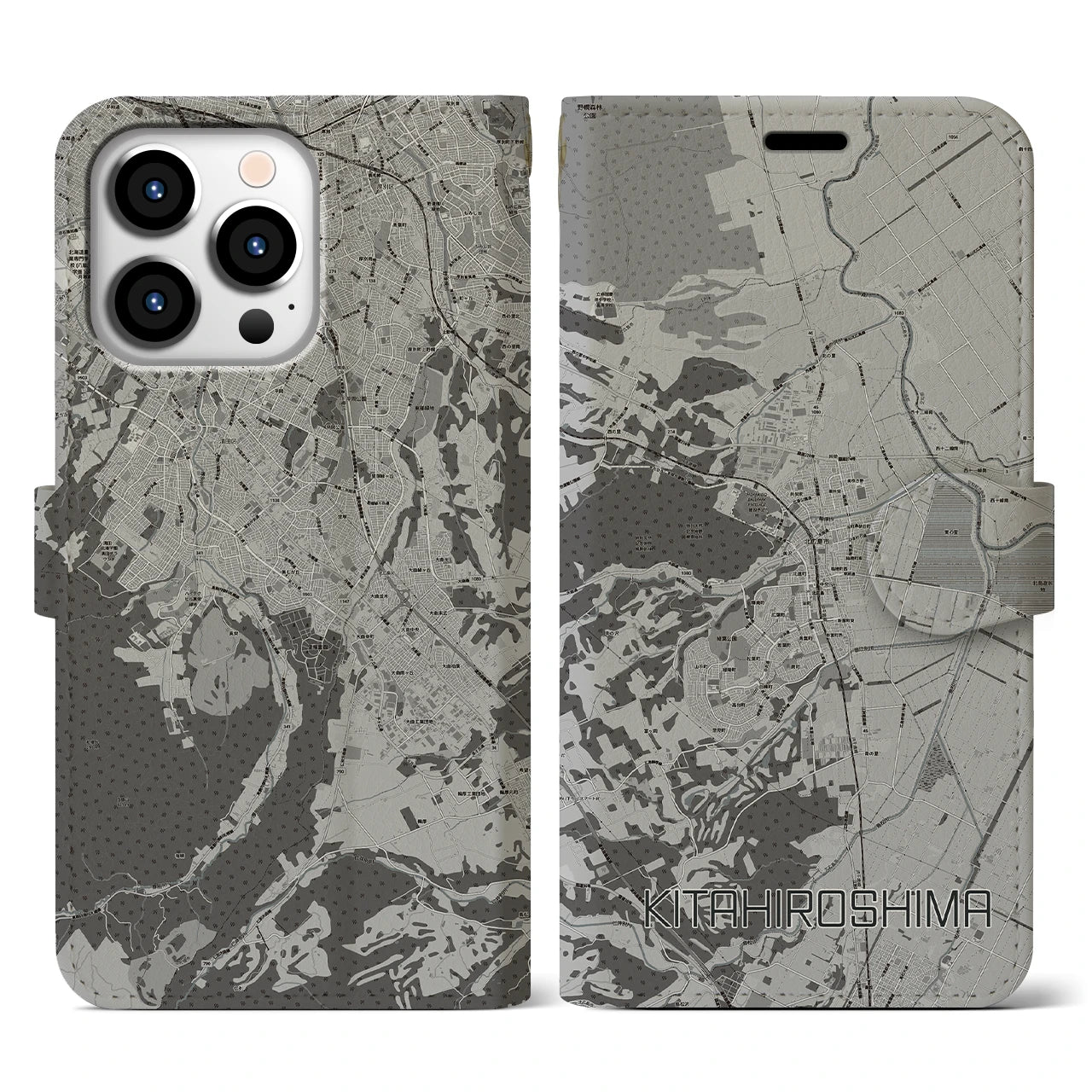 【北広島(広島県)】地図柄iPhoneケース(手帳タイプ)モノトーン・iPhone 13 Pro 用