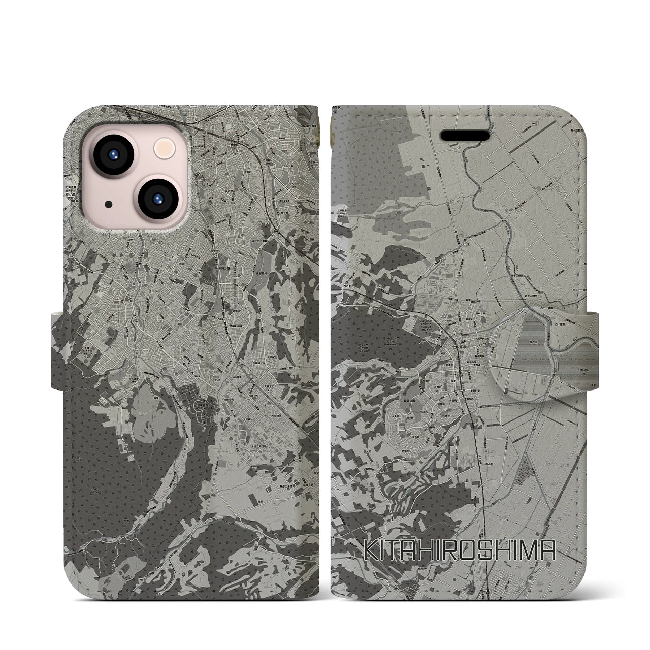 【北広島(広島県)】地図柄iPhoneケース(手帳タイプ)モノトーン・iPhone 13 mini 用