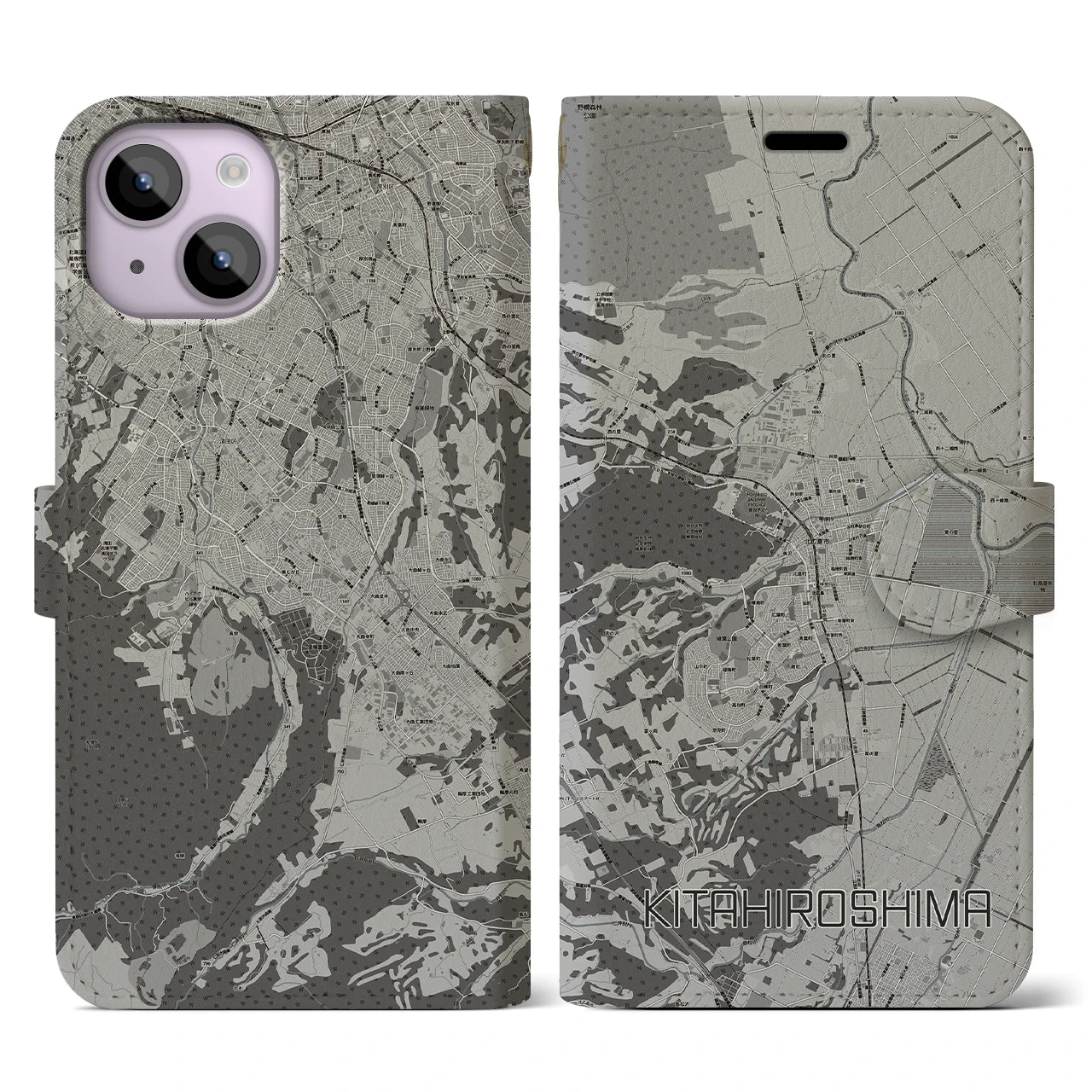 【北広島(広島県)】地図柄iPhoneケース(手帳タイプ)モノトーン・iPhone 14 用