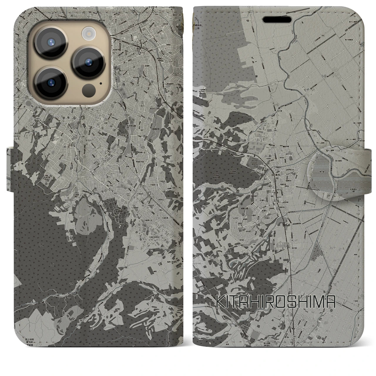 【北広島(広島県)】地図柄iPhoneケース(手帳タイプ)モノトーン・iPhone 14 Pro Max 用