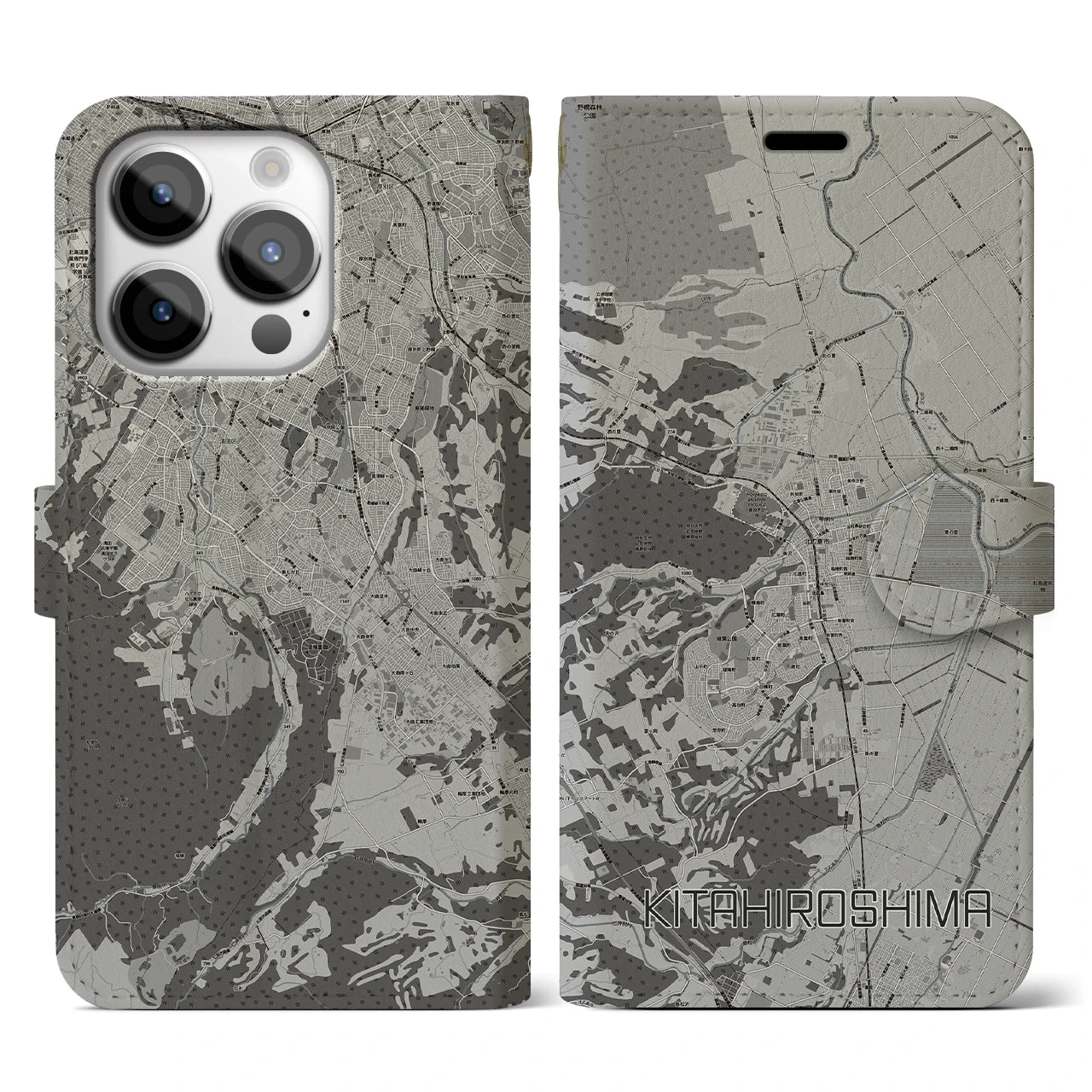 【北広島(広島県)】地図柄iPhoneケース(手帳タイプ)モノトーン・iPhone 14 Pro 用