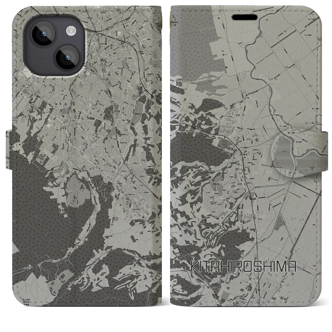 【北広島(広島県)】地図柄iPhoneケース(手帳タイプ)モノトーン・iPhone 14 Plus 用